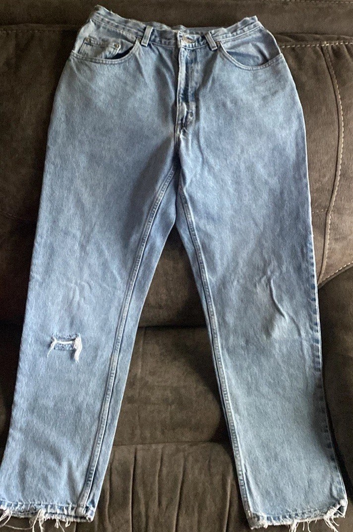 Vintage Guess High Rise Jeans, Sz 31W 32L, green triangle, Tapered 90s USA Made