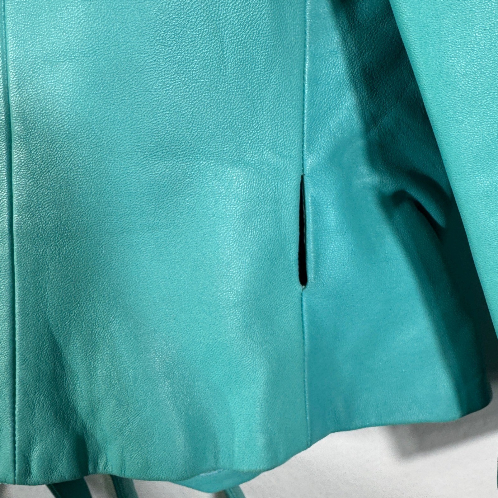 Badgley Mischka Vintage Teal Leather Jacket Silk Lined Cropped Tie Waist Sz M/8