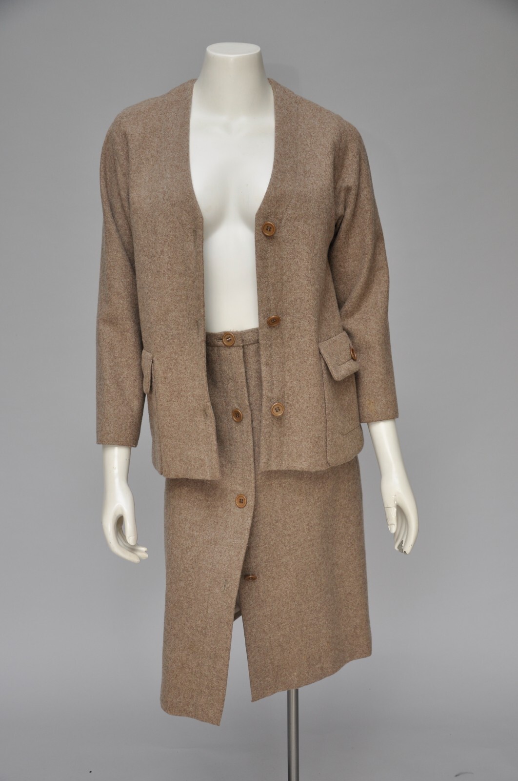 Vintage 1960s GALANOS Camel Wool Skirt Set Blazer Buttons Pockets XS