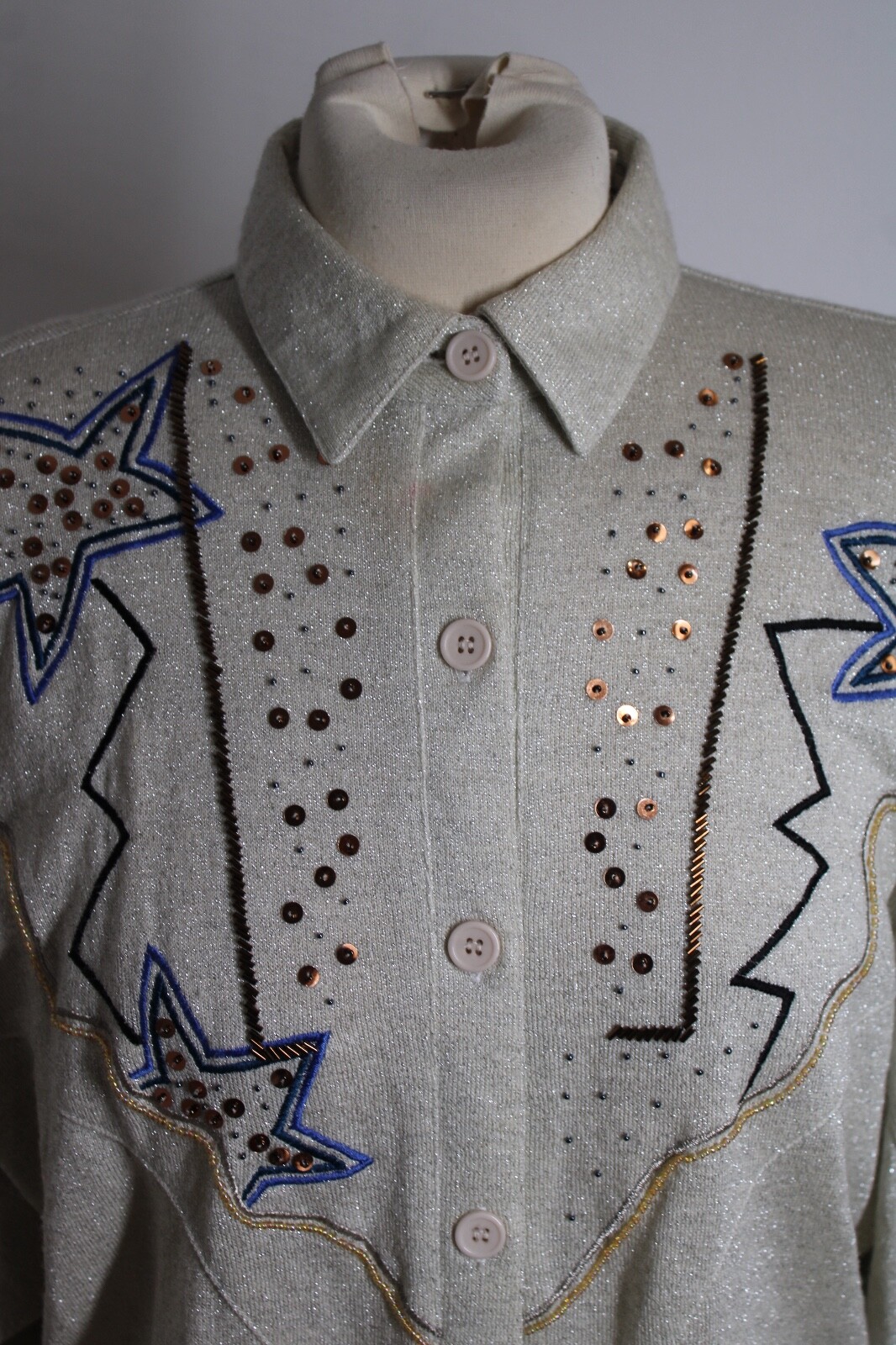 Vtg 80s Marc D’Alcy L Silk Blend Knit Sequin Bead Western Style Shirt Top