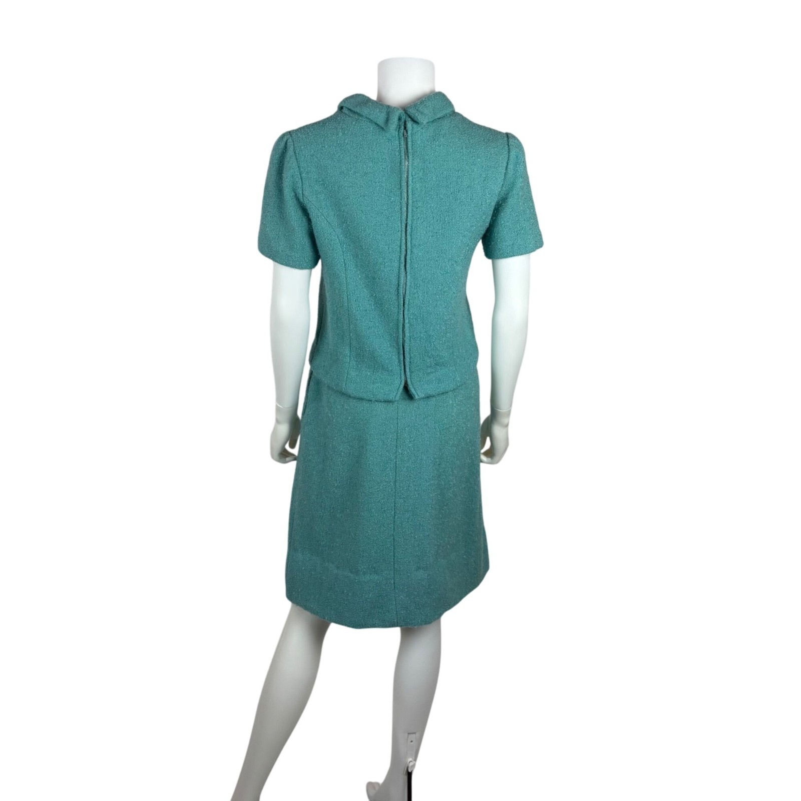 Vintage 60s Blue Suit Set Womens XS Bouclé Top & Skirt Bow Collar Mid-Century