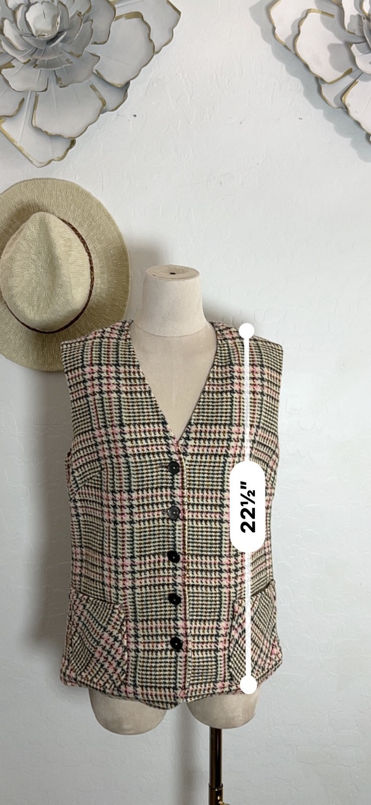 RUSS vtg wool houndstooth vest 12 preppy equestrian academia pink gray beige
