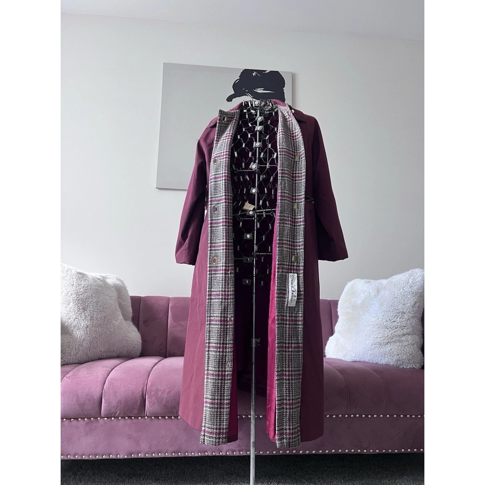 VTG Bonnie Cashin for Russ Taylor Trench Coat Burgundy Plaid Swing Long Large