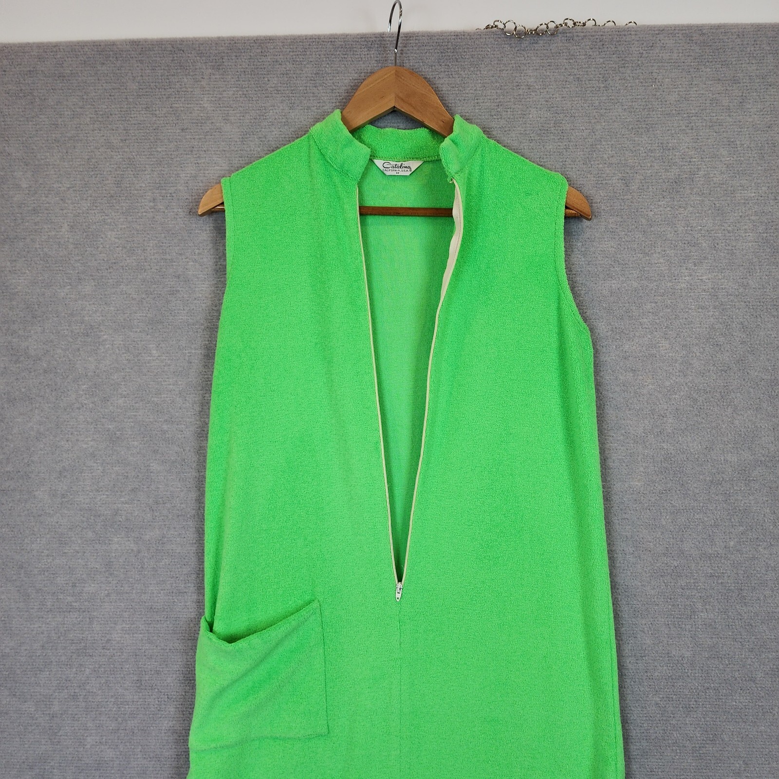 Vintage Catalina Dress Medium Neon Green Maxi Terry Towelling Cloth USA 70s