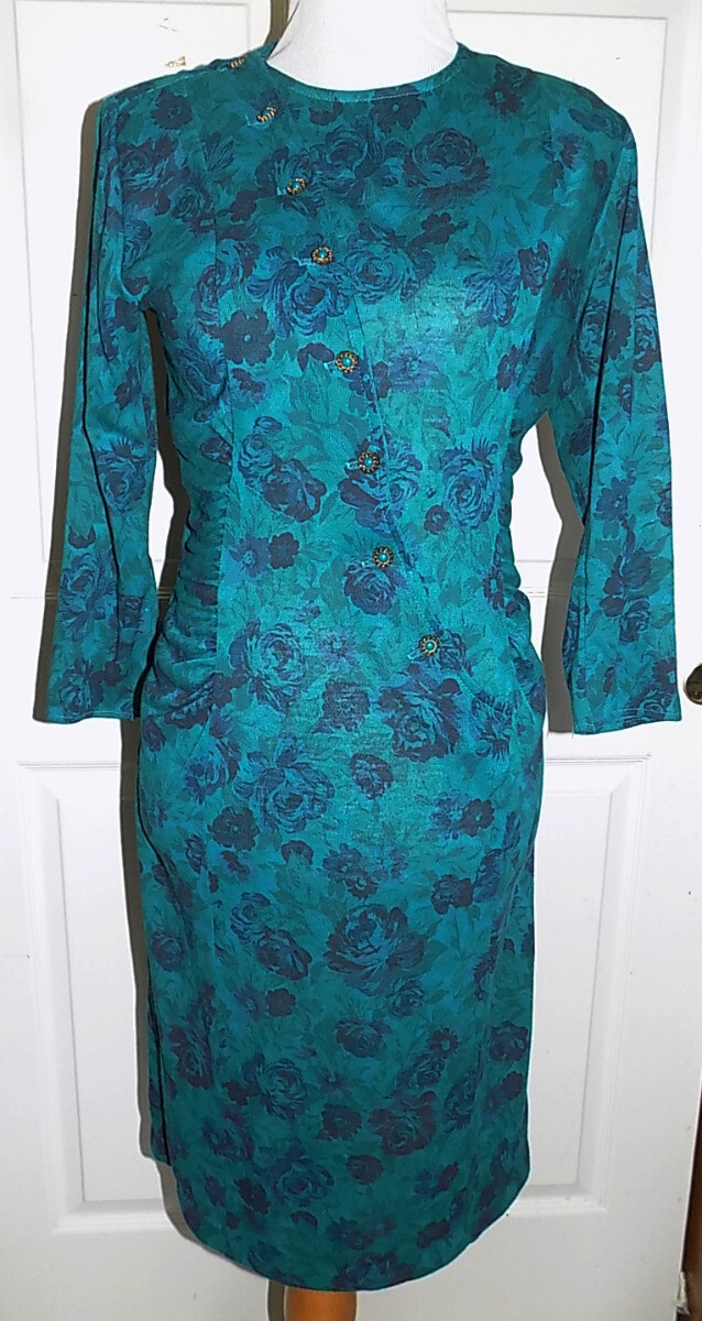 Vintage 80s Blue Aqua Floral Ruched Sides Dress Joni Blair of California Size 7