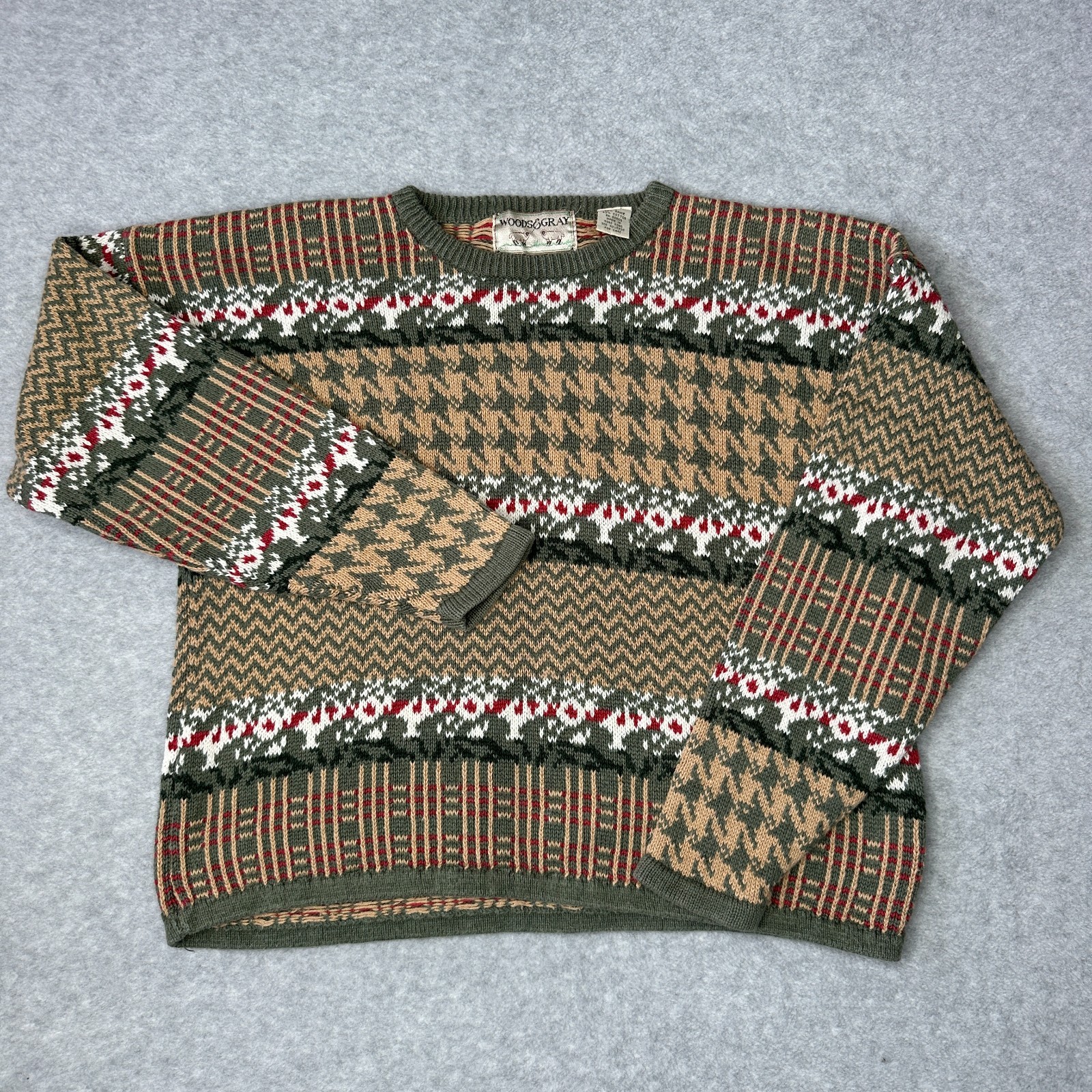 Vintage 90s Woods&Gray Fair Isle Houndstooth Grandpa Knit Sweater Unisex Sz M