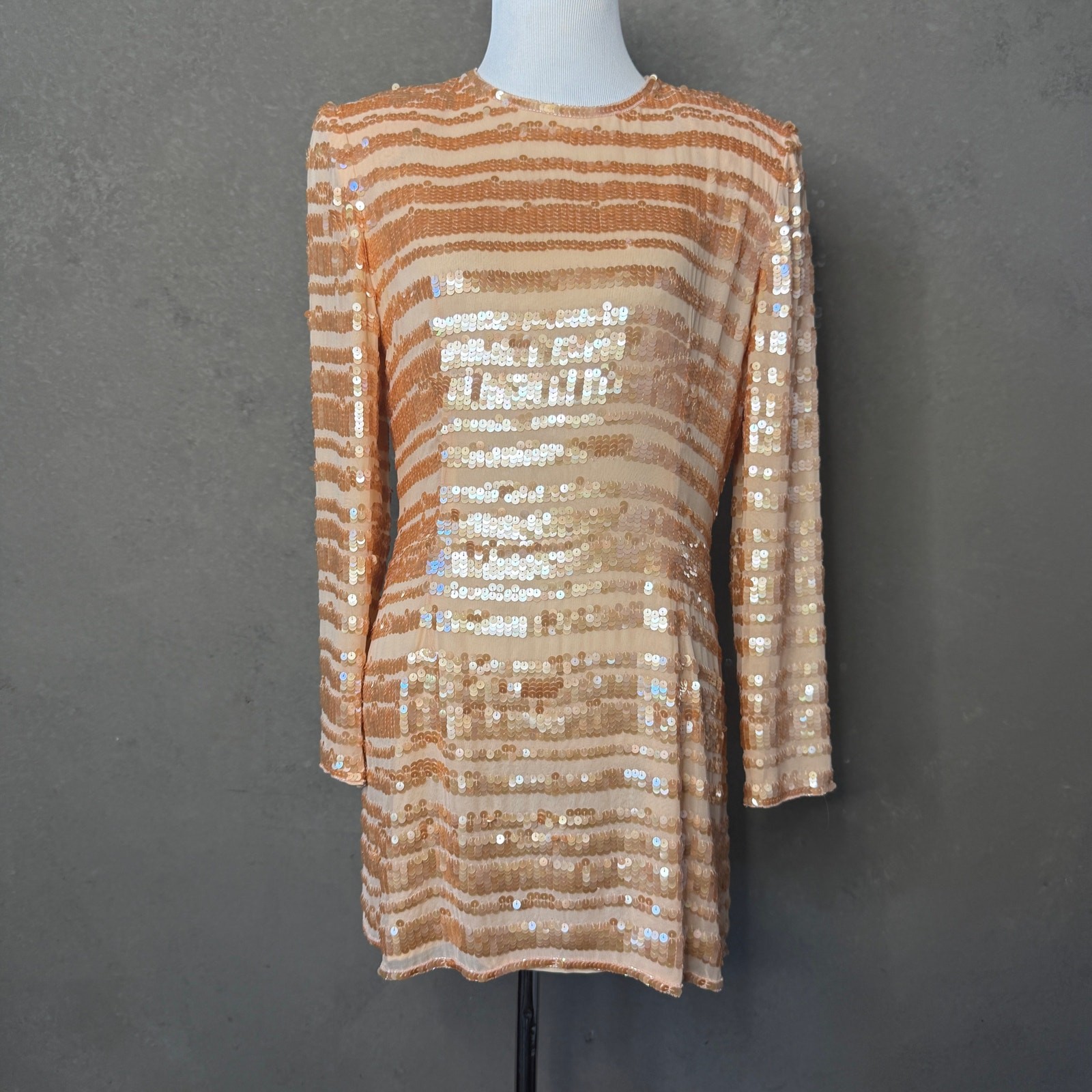 Saks Fifth Avenue Vintage Silk Sequin Mini Dress Sz 6 Gold Champagne 80s Glam