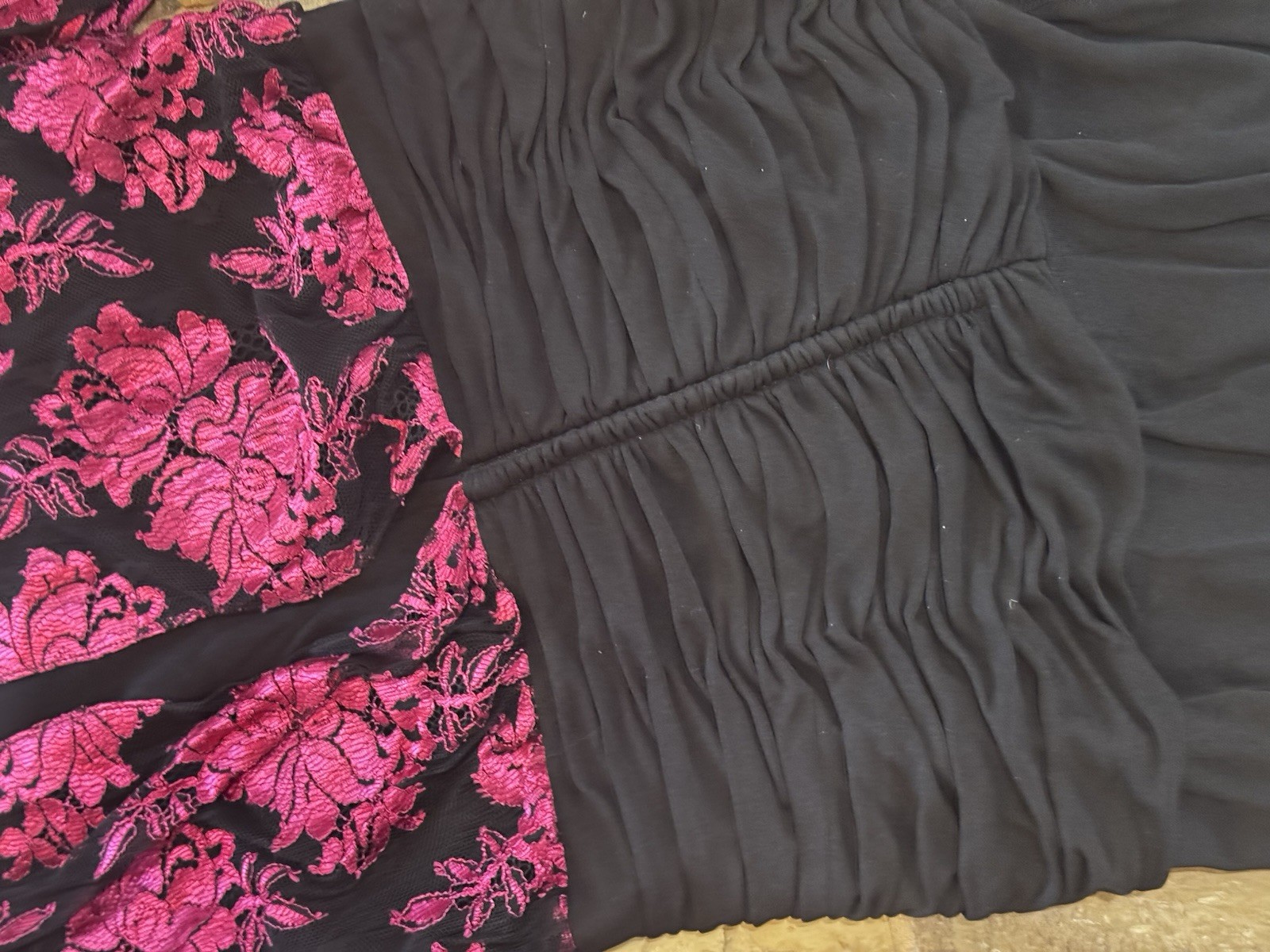 VTG Jill Richards French Lace Gown Dress Pink Midi Black 80s Ruched Size 6 8