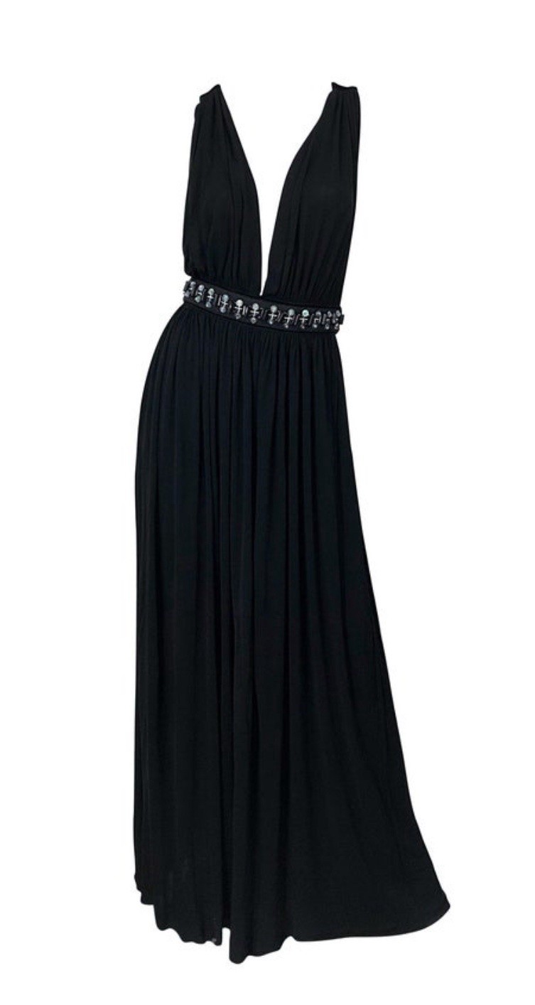 1990s Dolce & Gabbana D&G Black Plunging Sexy Beaded Sleeveless Vintage 90s Gown