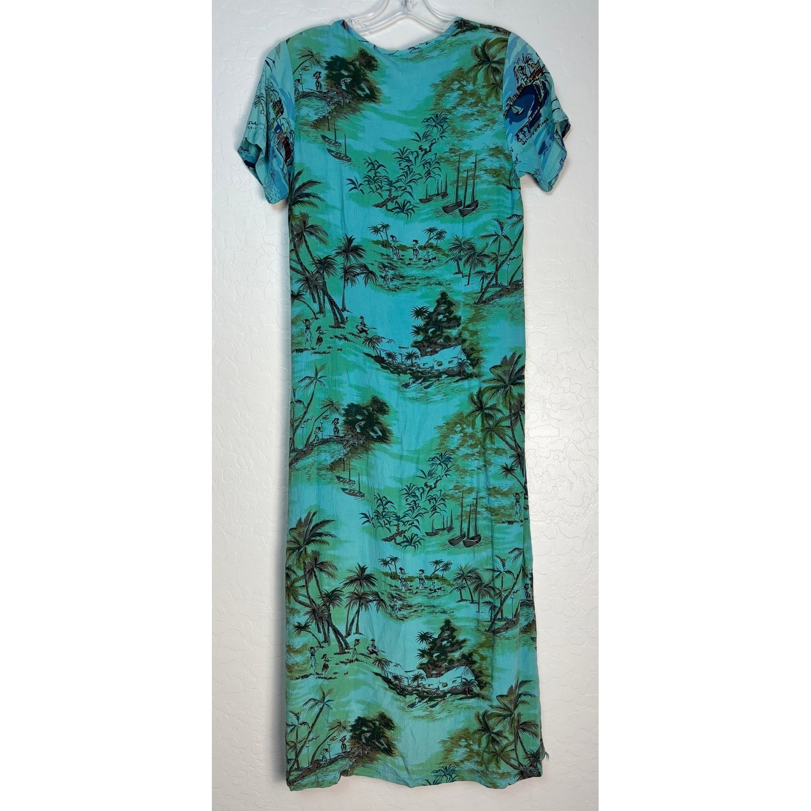 Vintage Weekend Traffic Teal Tropical Island Print Rayon Maxi Dress Sz S 2159