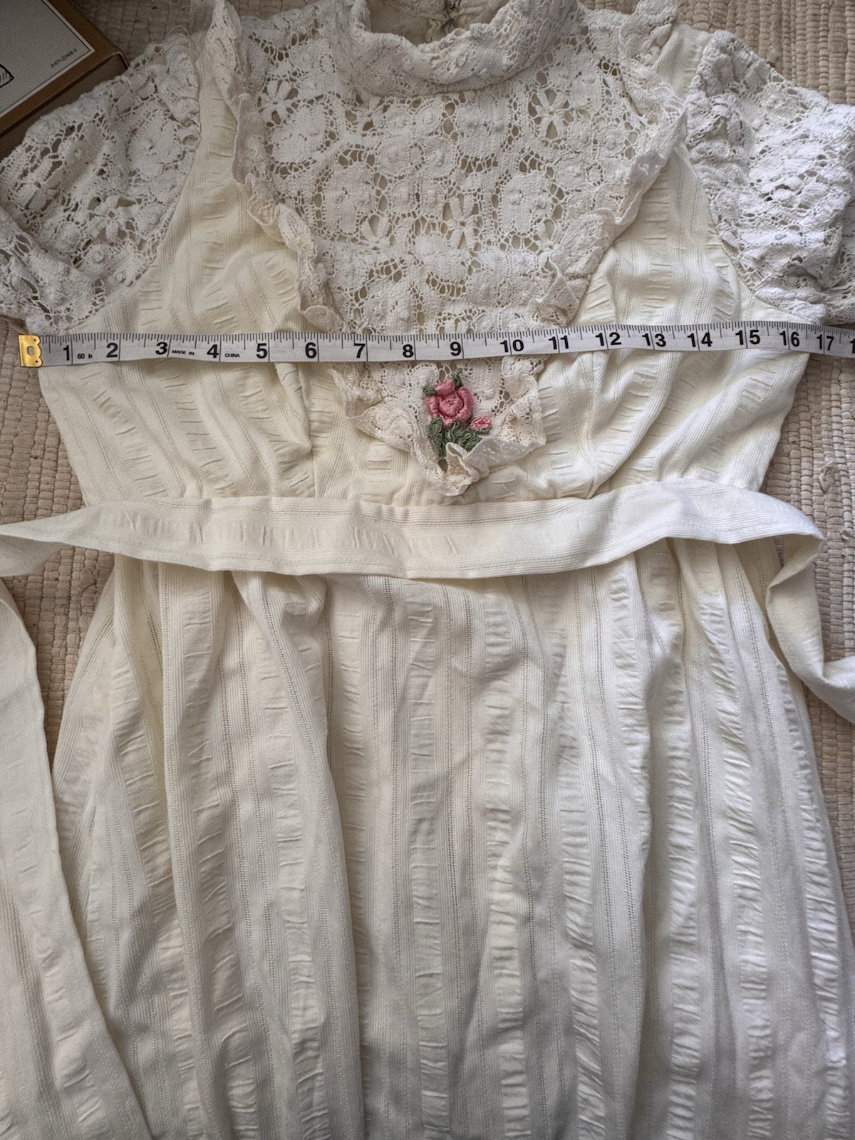 Vintage 70s Prairie Maxi Dress Cream Lace Edwardian Revival Embroidered Rose XS
