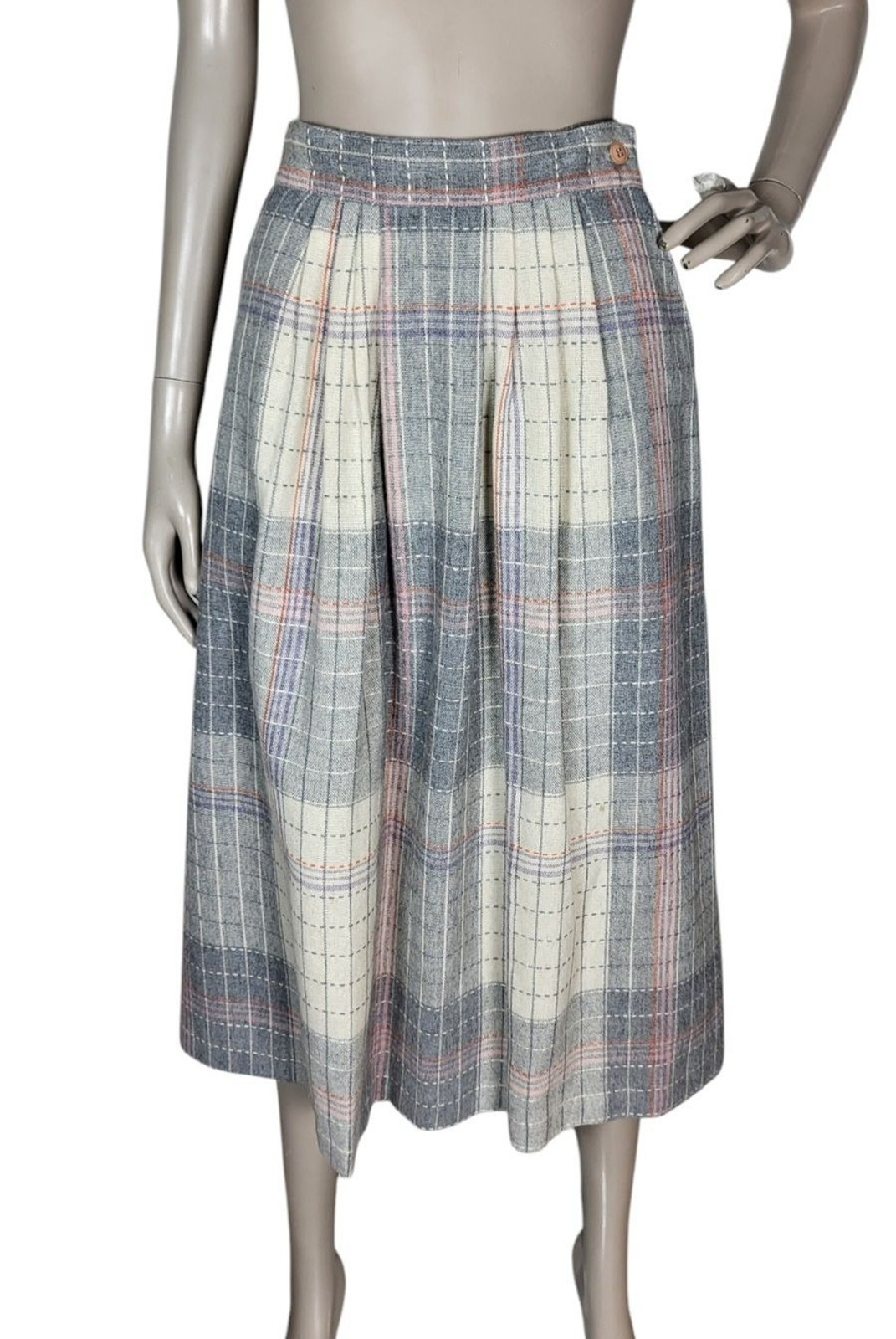 VTG 70s Wool Blend Grey Pink Plaid Tweed Midi Secretary Academia Librarian Skirt