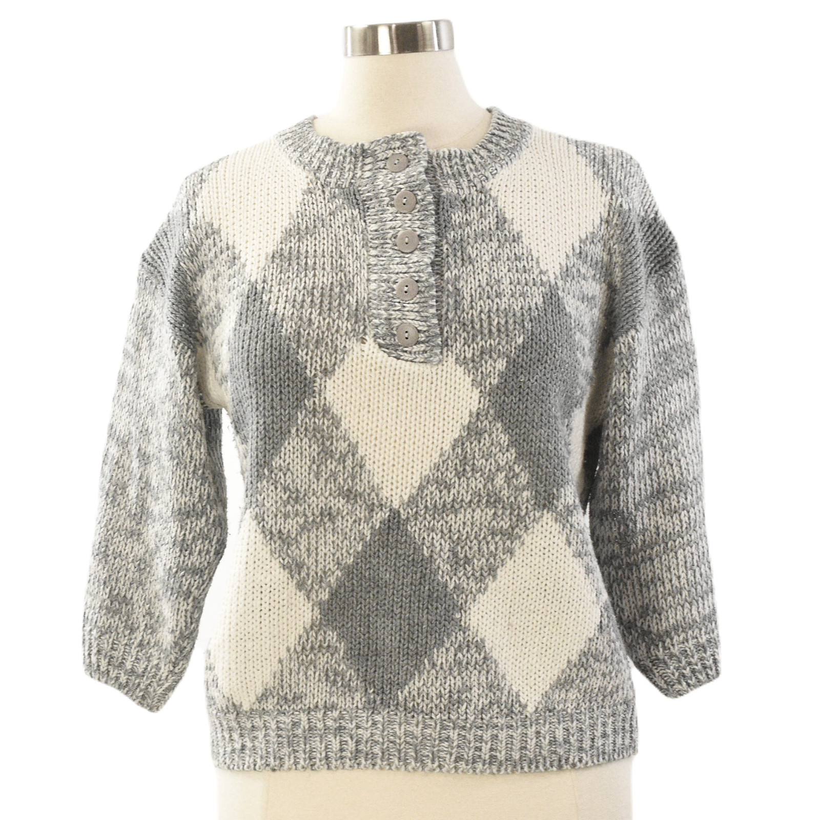 70s Vintage Gray Argyle Henley Sweater Womens M Cropped Knit Bracelet Sleeve