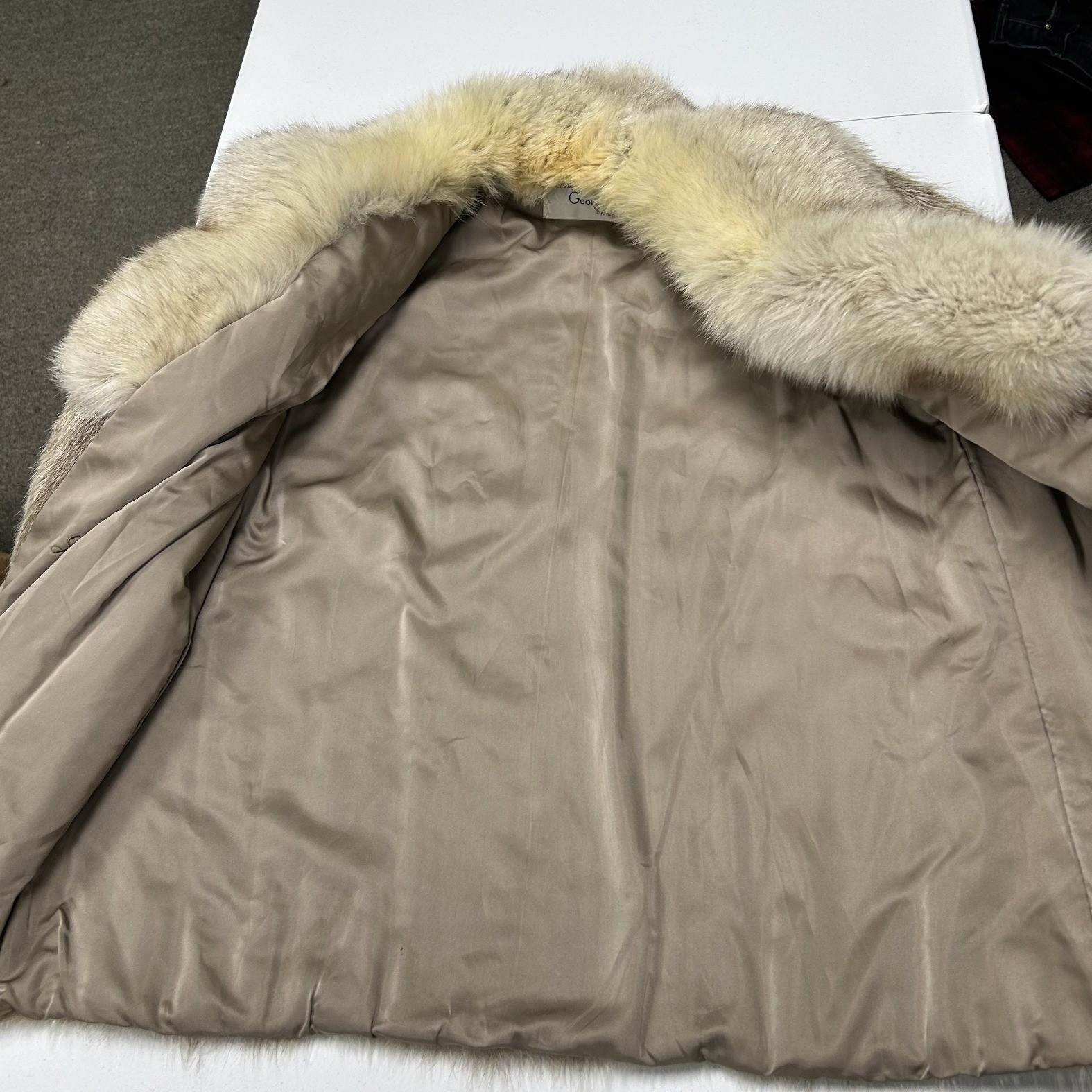 George Poulos Real Fur Coat Womens M Tan Vintage Shawl Collar Mid Length