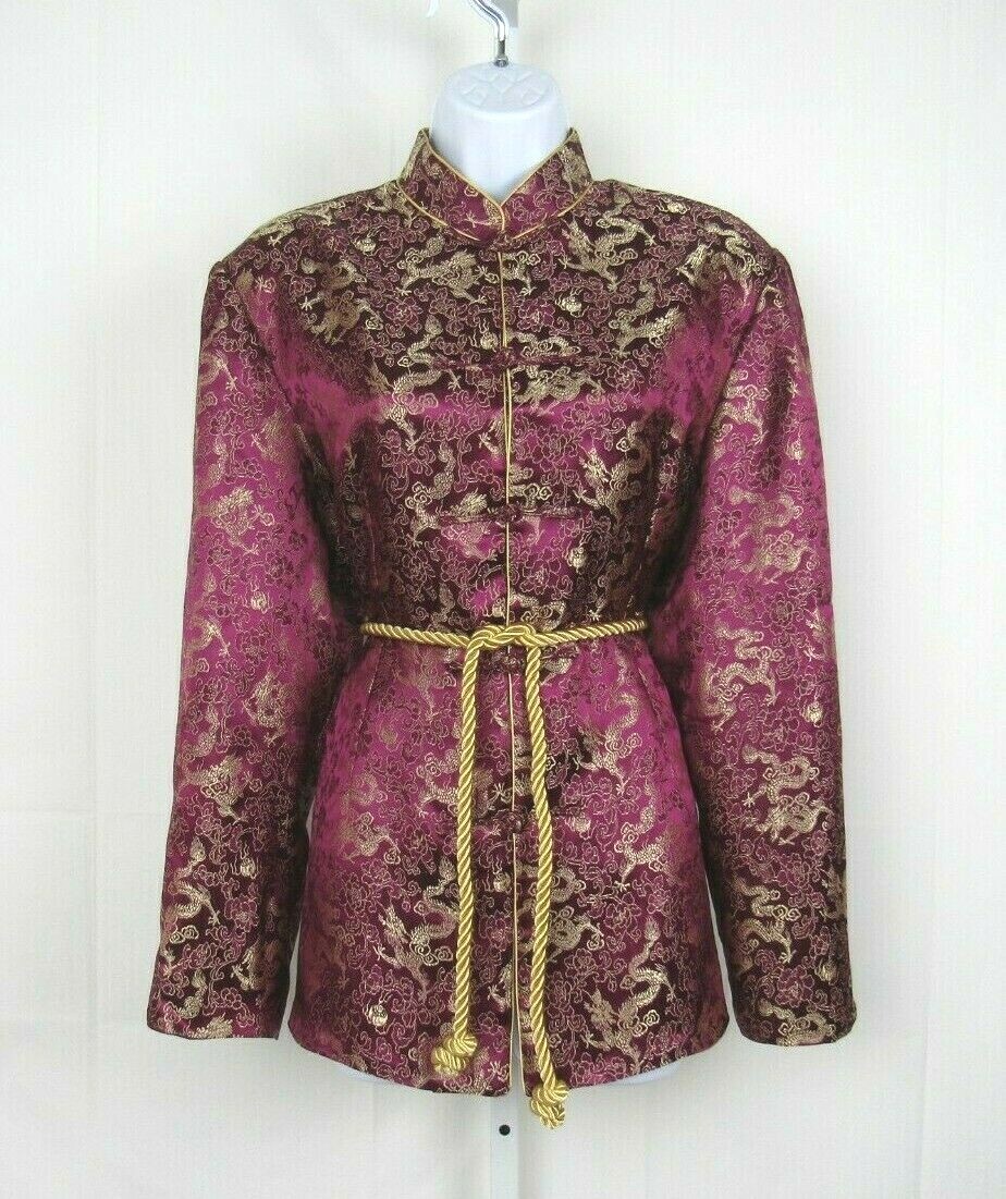 VTG 1950s 60s KIMONO STYLE JACKET BOYSENBERRY GOLD EMBROIDERY FROG BUTTONS
