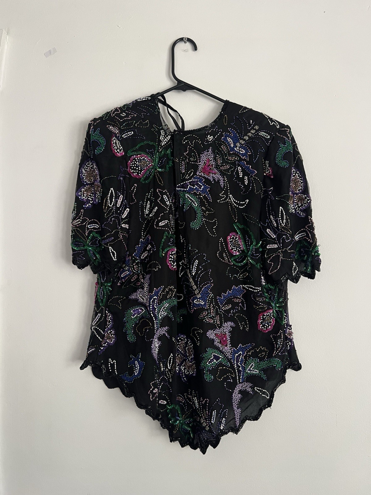 Vintage Laurence Kazar Silk Beaded Floral Blouse Black Multicolor Large