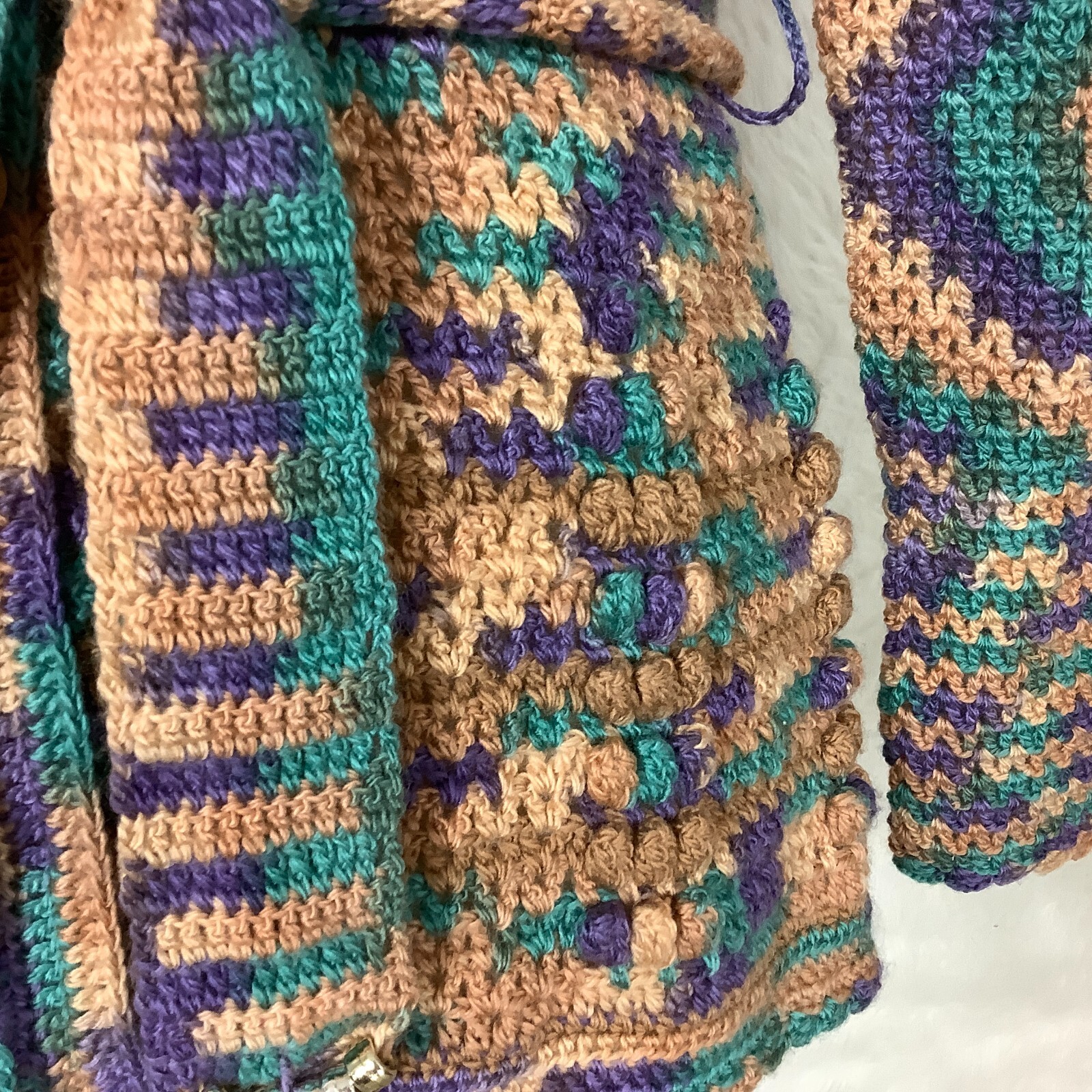 Vintage 70s Tan, Green Blue & Purple Belted Crochet Cardigan Sweater