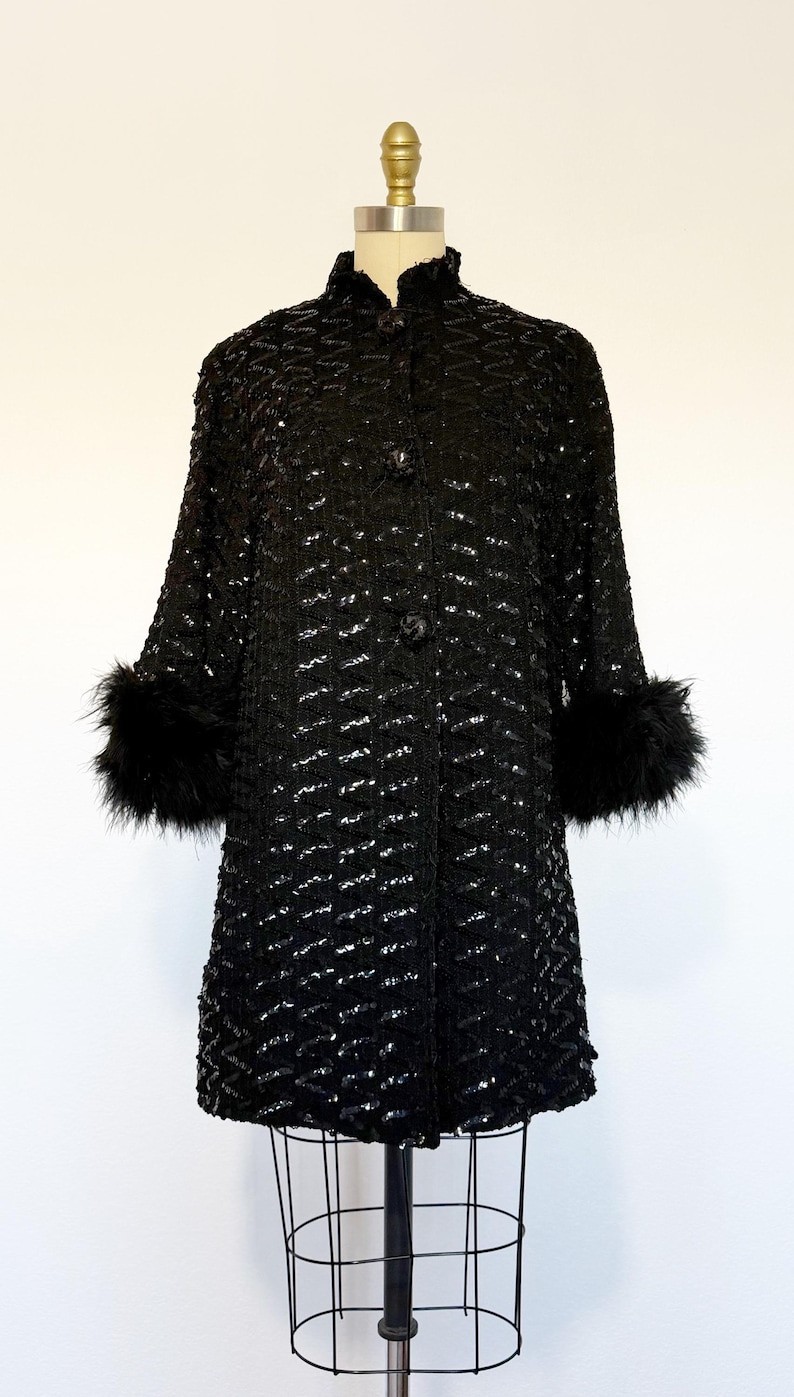 1960s Sequin Coat / Black Sequin Coat / Feather Trim Coat / Size Large
