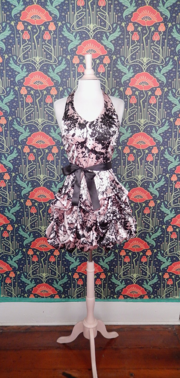 Vintage Y2k Pink Black Satin Lace Print Halter Bubble Hem Bustle Party Dress