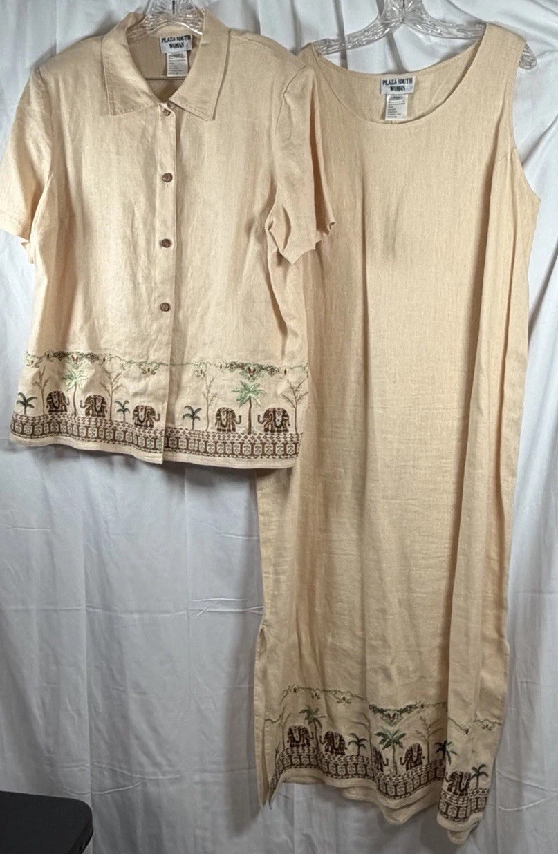 VTG Plaza South 100% Linen Maxi Dress & Sleeve Jacket Embroidered Womans 18W