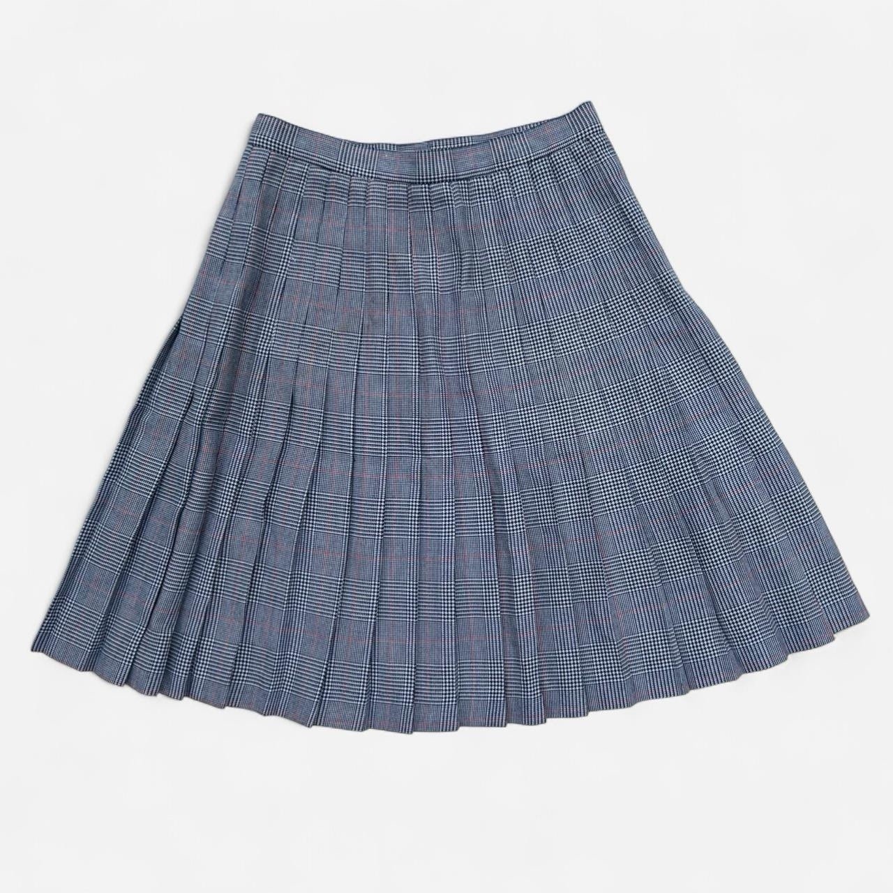 Vintage 90s plaid houndstooth pattern high waist pleated skirt, navy white & red