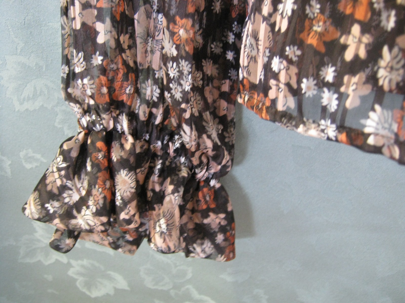 VTG Malbe Blouse Size 15 / 16 Floral Print Sheer Stripe Ruffled Collar Top