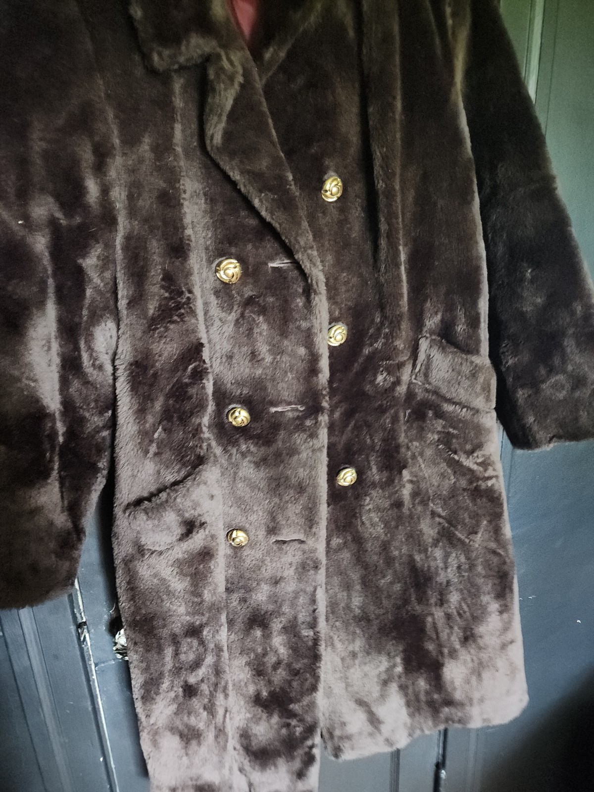 Vintage Faux Fur Brown Carpet Coat Wine Lining Long Plus Size XXL
