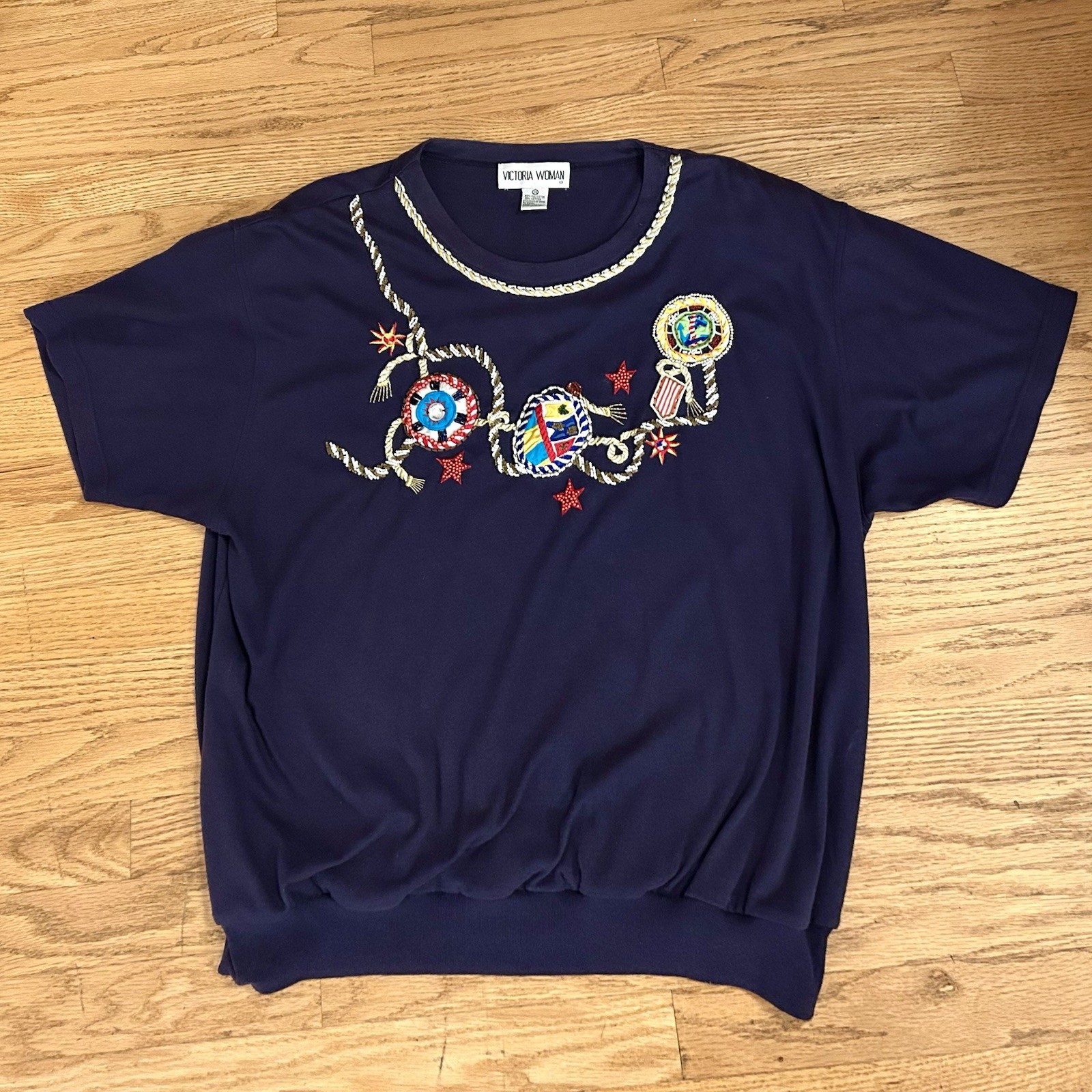 Vintage 80s 90s Victoria Woman 3X Beaded Embellished Navy Top