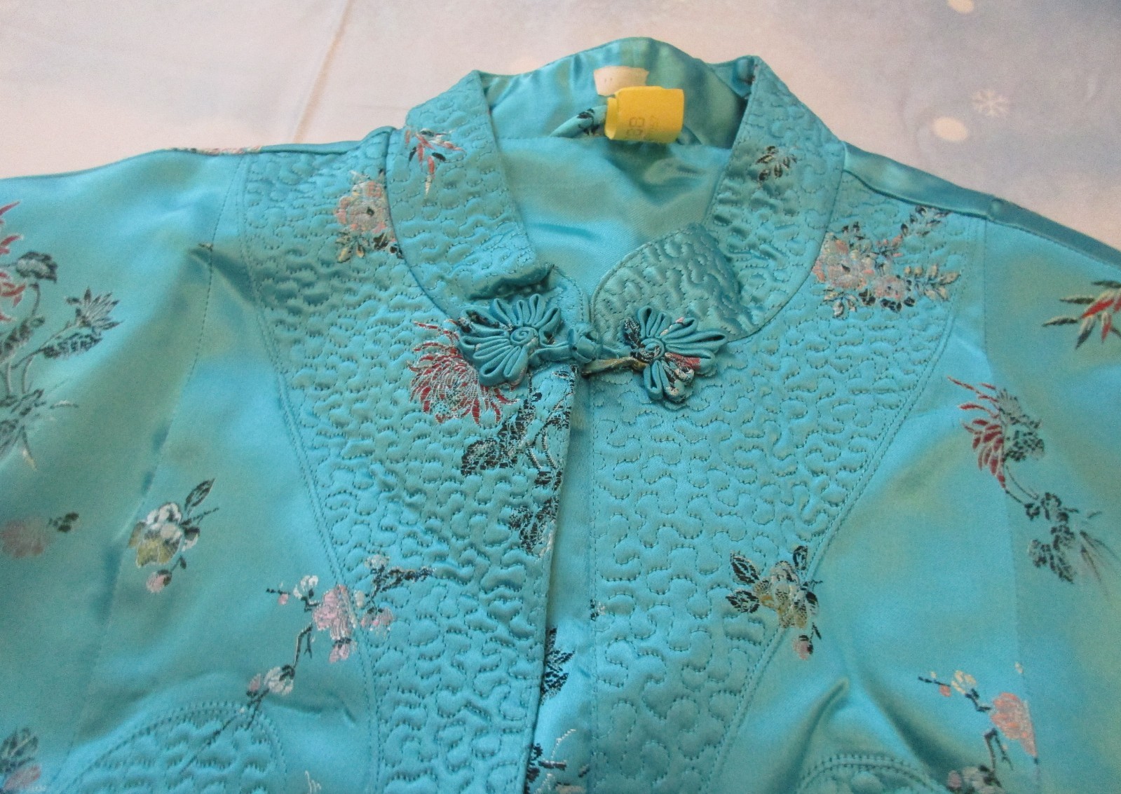 Vintage Turquoise Satin Brocade Asian Floral Robe – Size 42 – 1940s/60’s