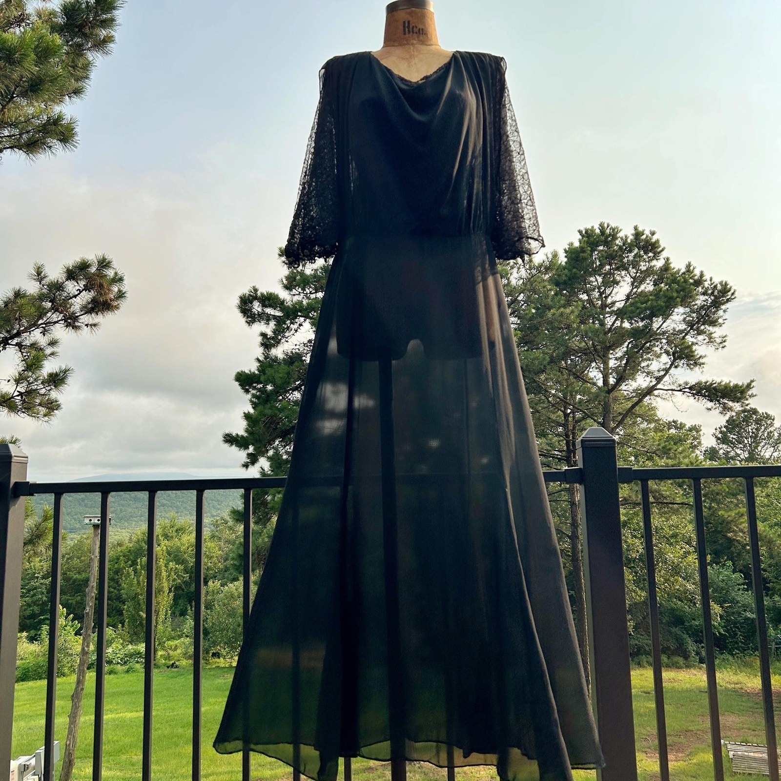 Vintage 30s Black Sheer Silk Chiffon Chantilly Lace Shirred Draped Flowy Midi
