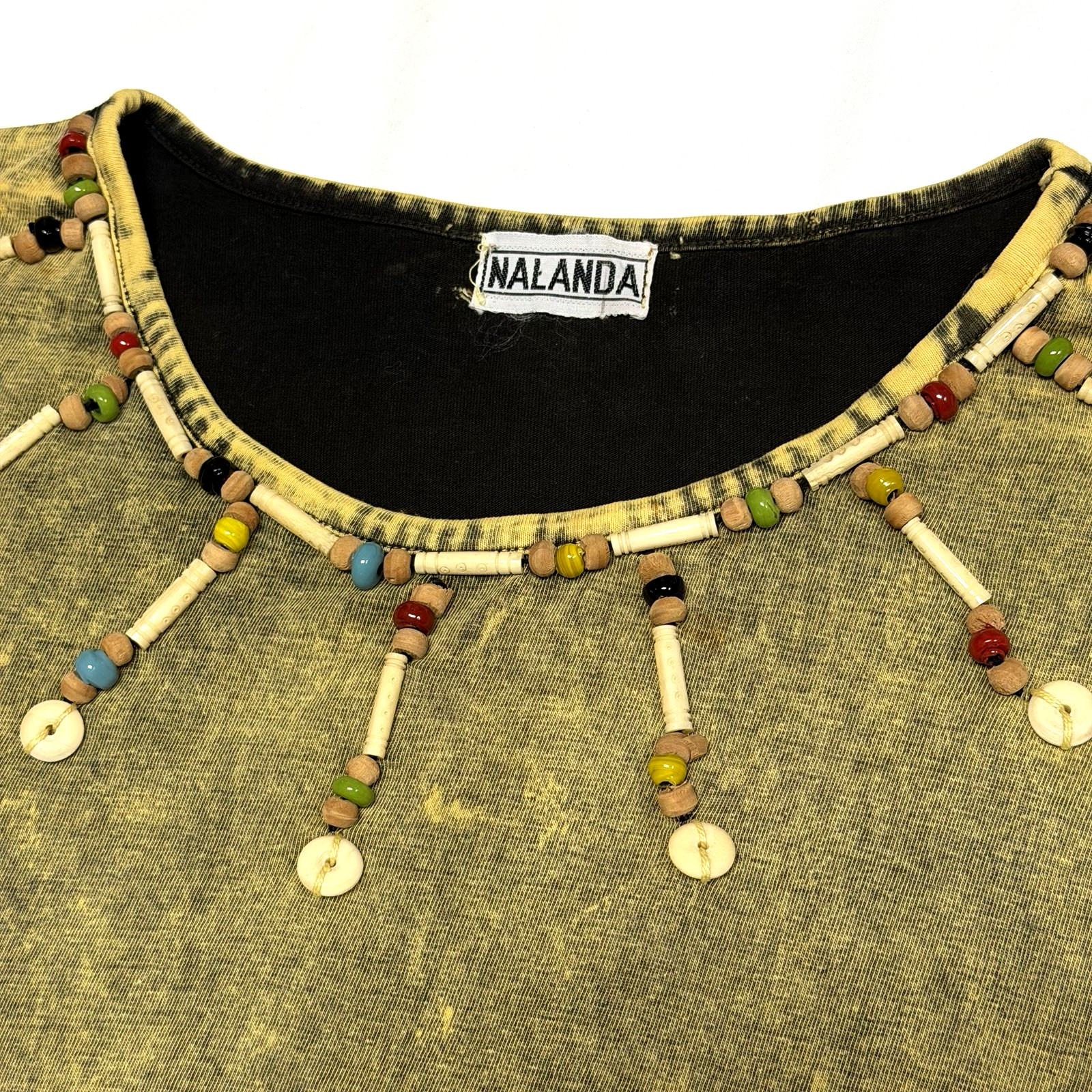 Archive Vtg 90s Nalanda Japan Acid Wash Fringe Beaded Top Native Western M L