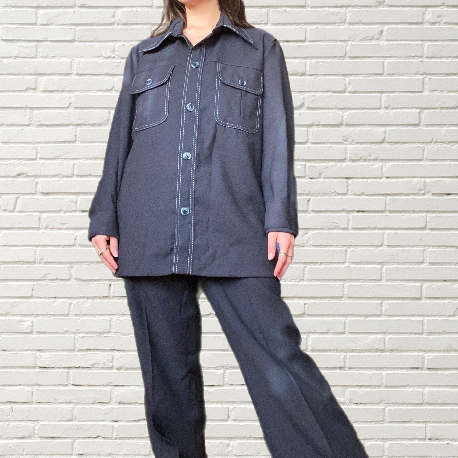 vintage 70s 2 piece set Shirt And Pants Navy / Black Hippie Mod Size M
