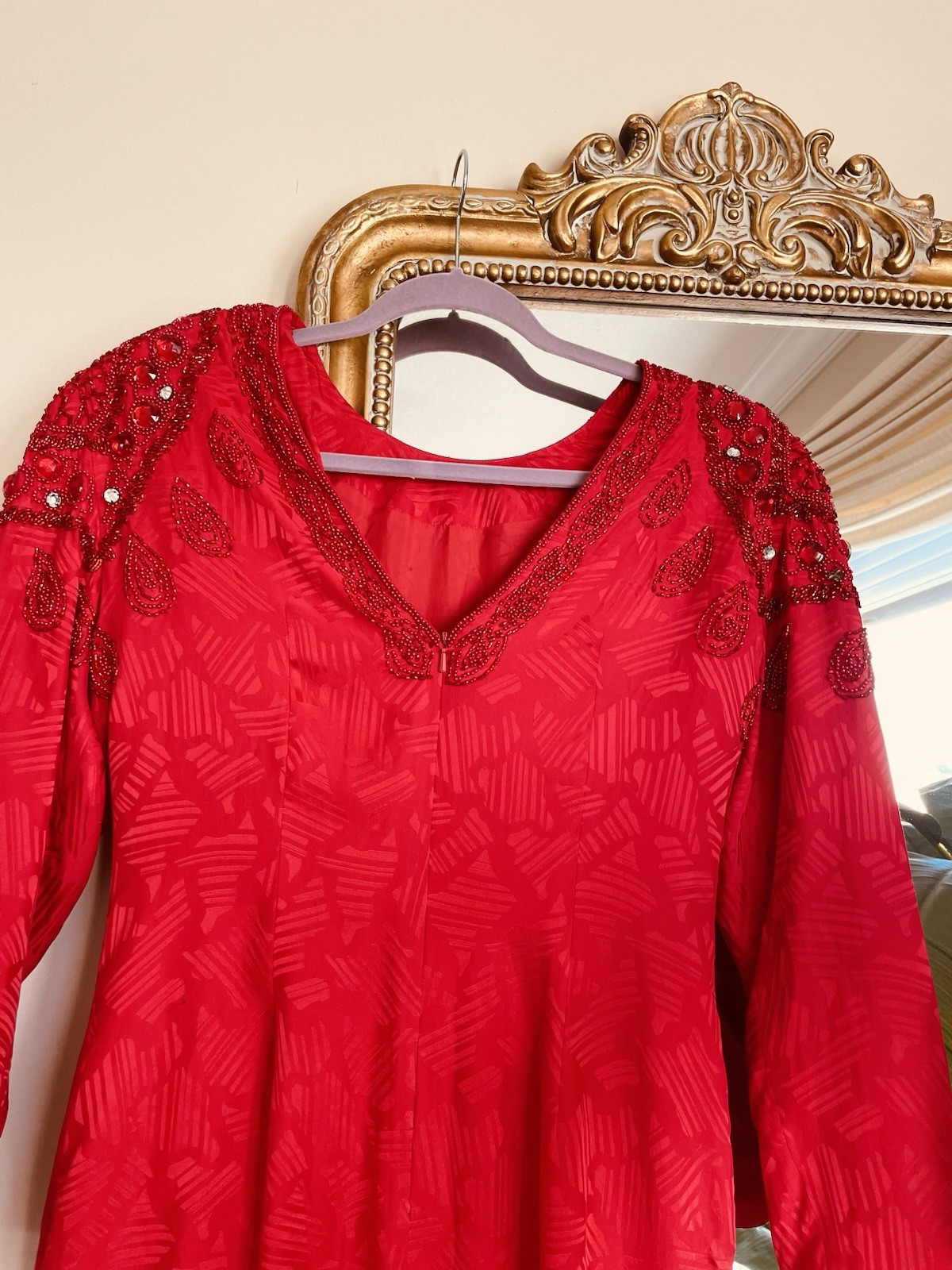 Vintage 80’s Silky Poly Hand Beaded Glam Stylish Red Dress 10