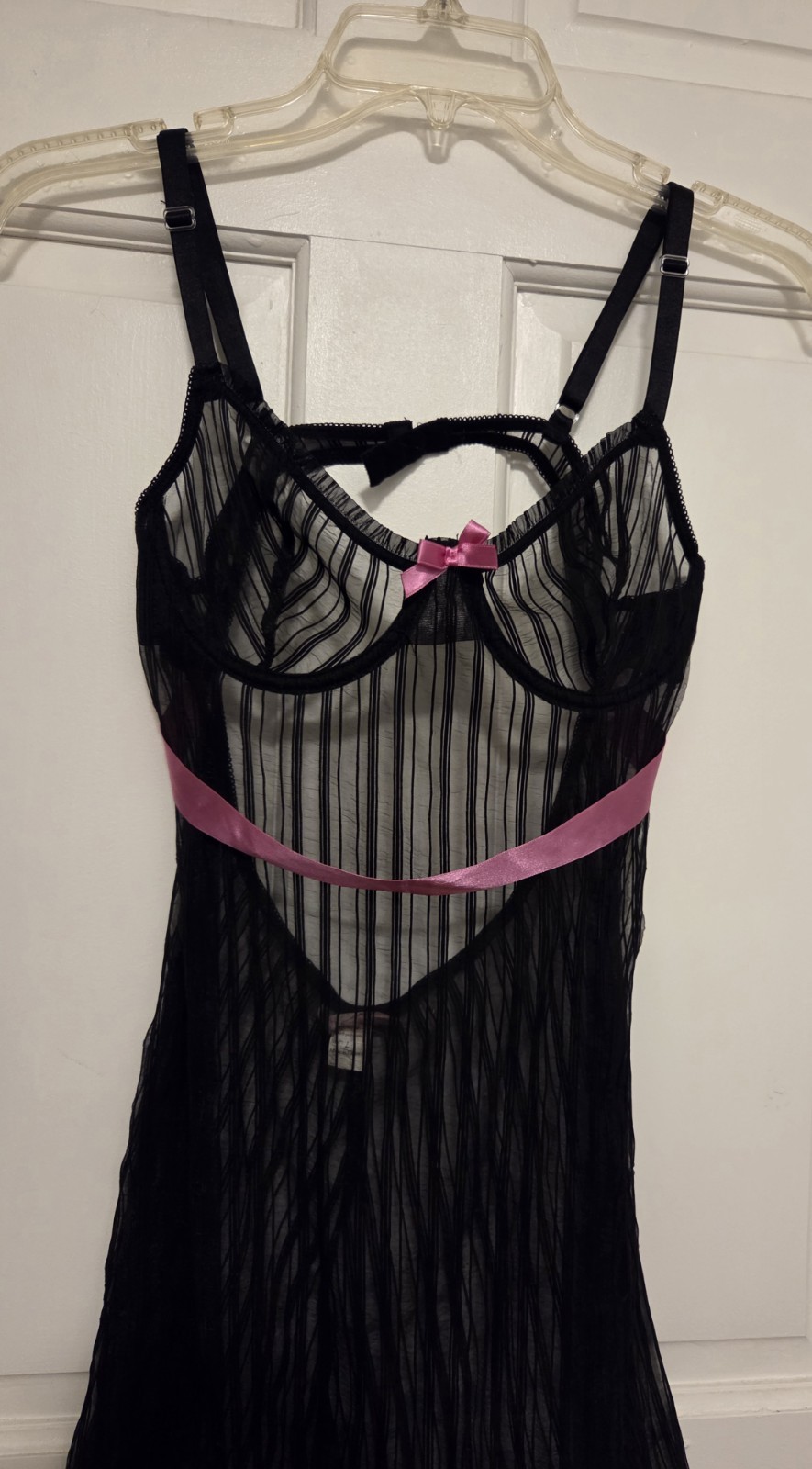Vintage Y2K Elegant Moments Black Mesh Lingerie Pink Ribbon & Bow *Size L* EUC