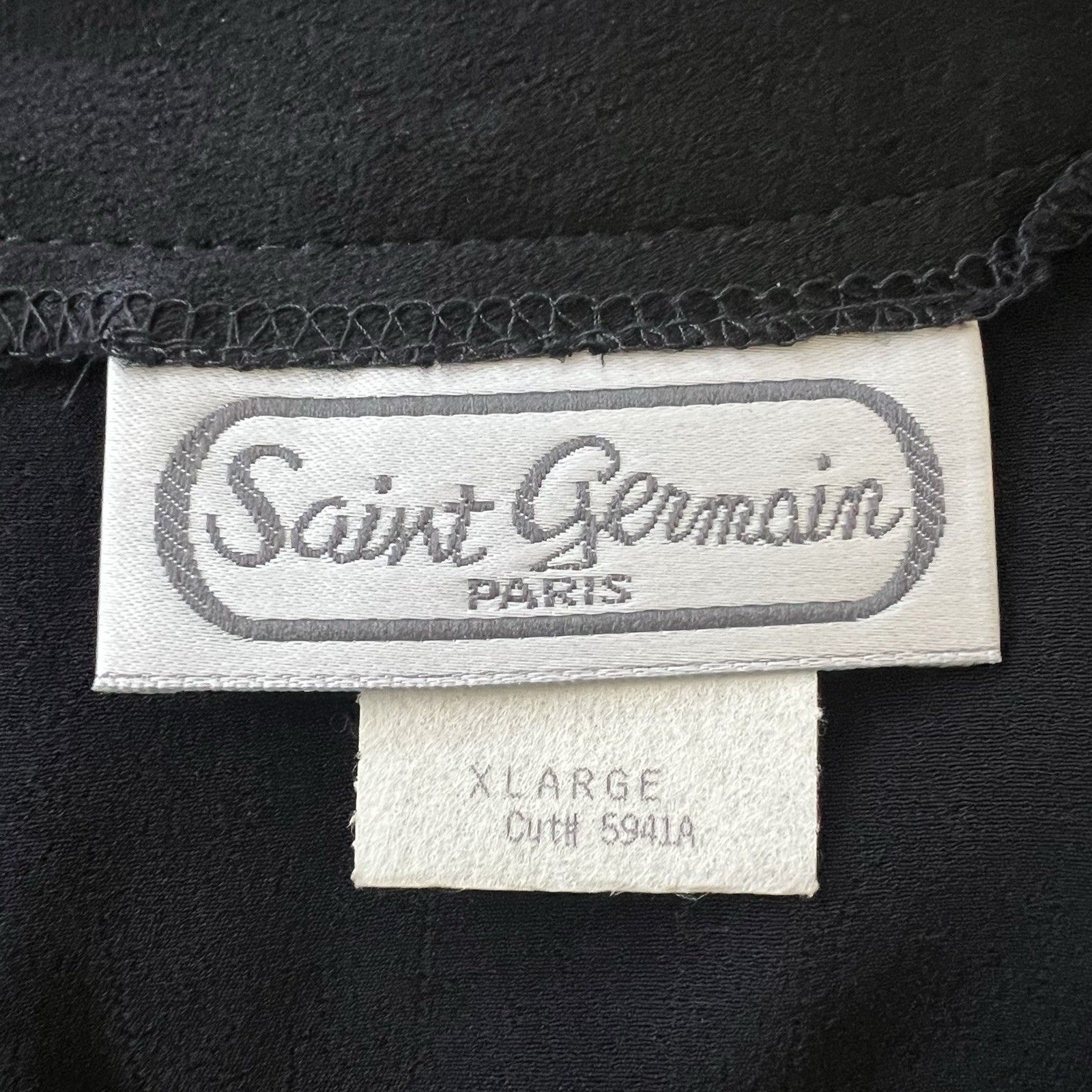 Vintage Saint Germain Paris Black Blouse V Neck Pockets Top Gold Tone Buttons XL