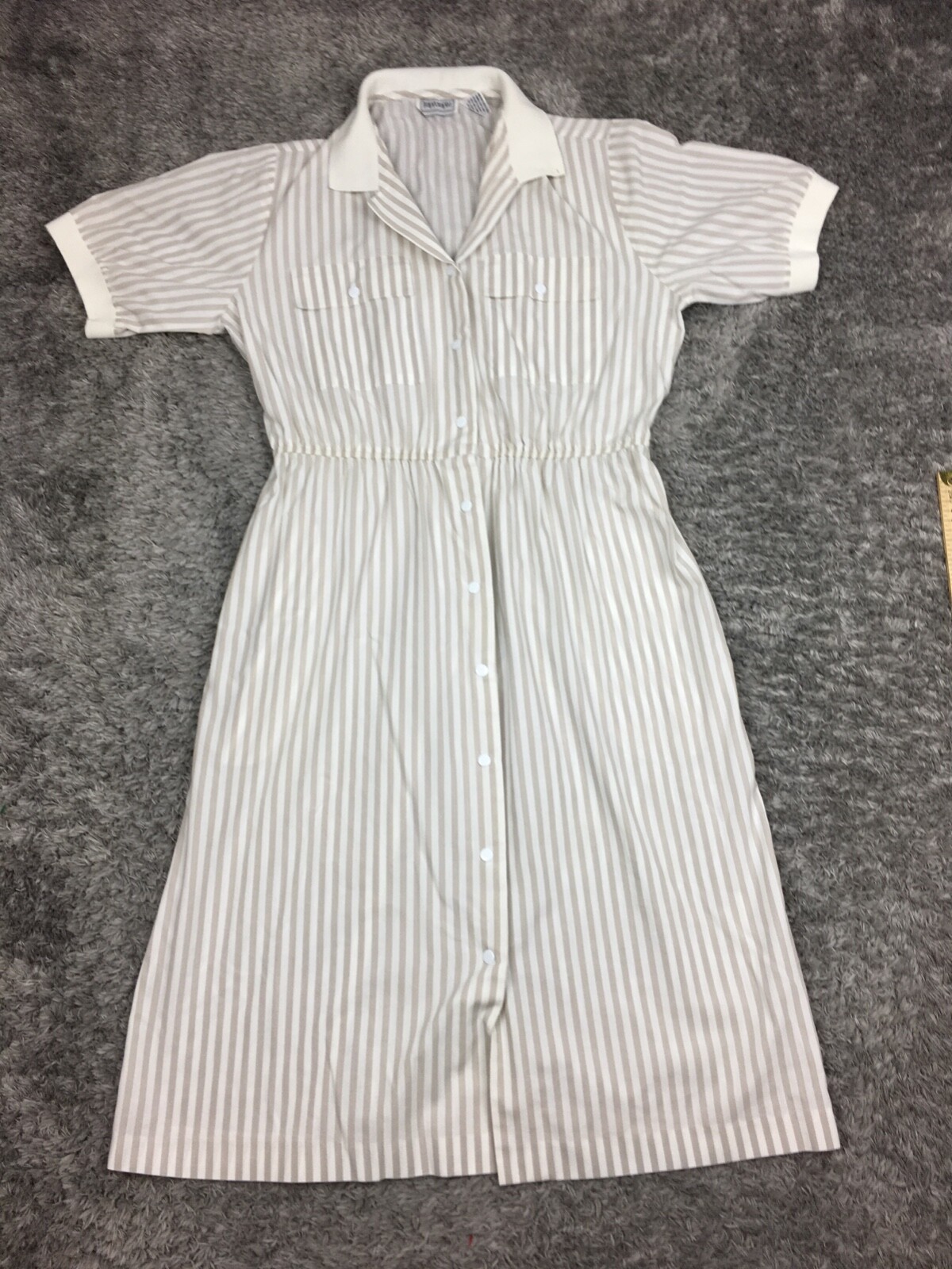 Vintage IMPROMPTU Collared Dress Womens Size 12 Brown White Short Sleeve Button