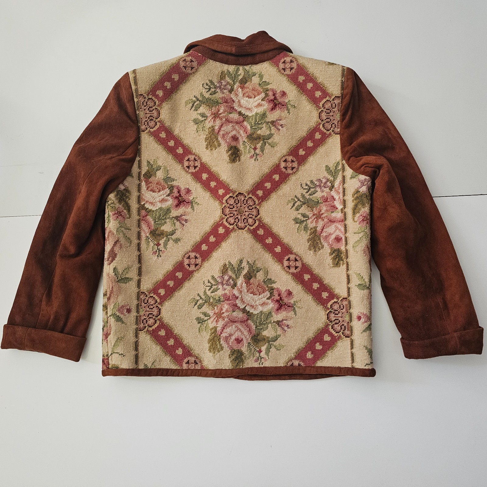 Vtg. BOUCHER Santa Fe Womens Suede Jacket Wool Floral Needle point Tapestry .925