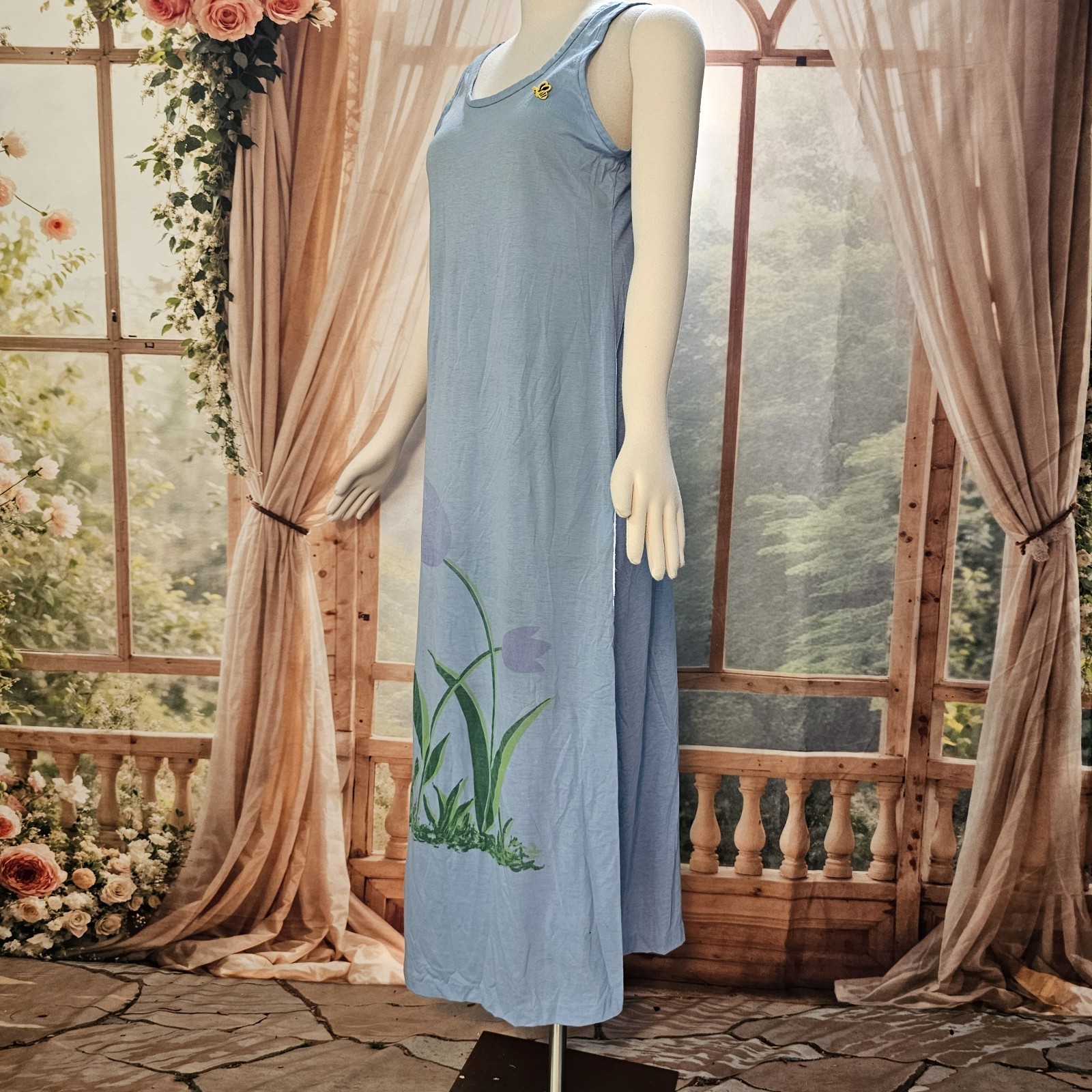 Vintage 1970s Dress Maxi Floor Length Baby Blue Floral Bee Patch Sleeveless Tank
