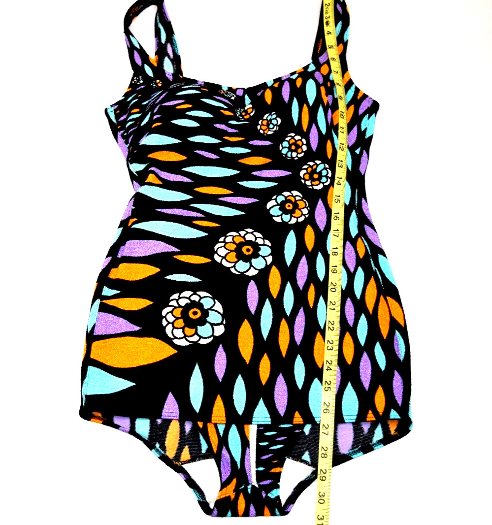 Vintage Swimsuit Gottex Size S/M 60s Fluorescent Mod Floral Surfboard Shapes