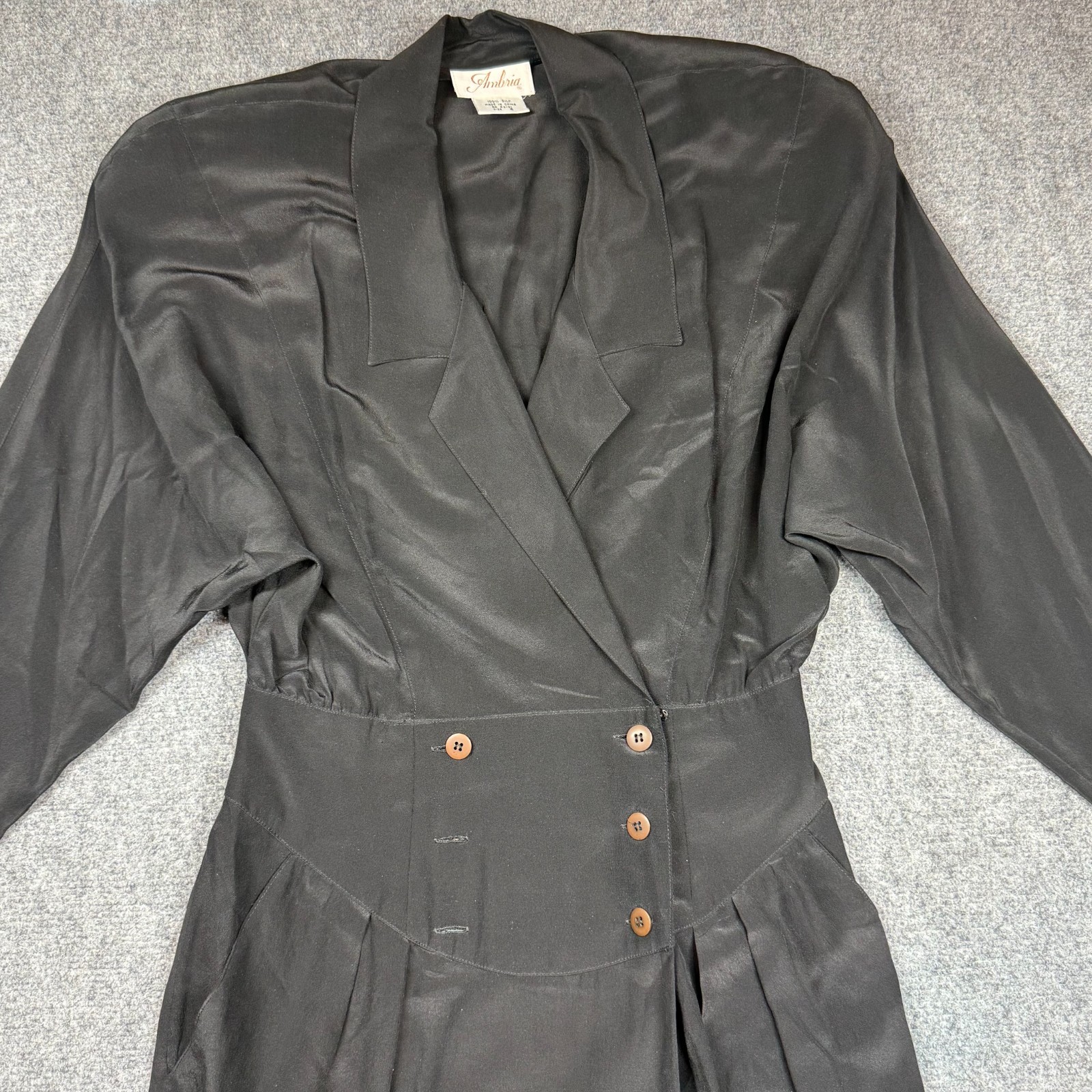 90s Ambria Silk Belted Dress Modesty Midi Length Black Size 6 Vintage 1990s