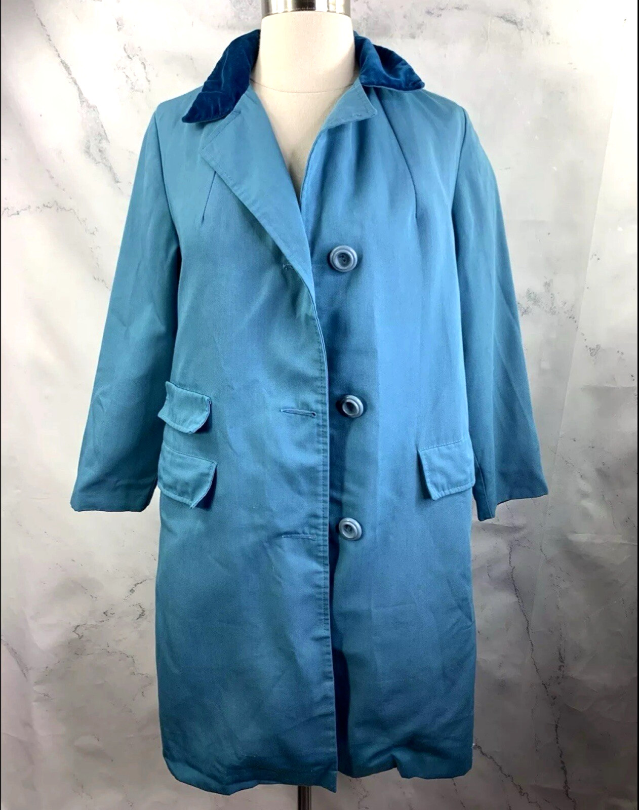 Vintage 60s Sears MOD Trench Coat Womens S Blue Velvet Collar Retro Spy Jacket