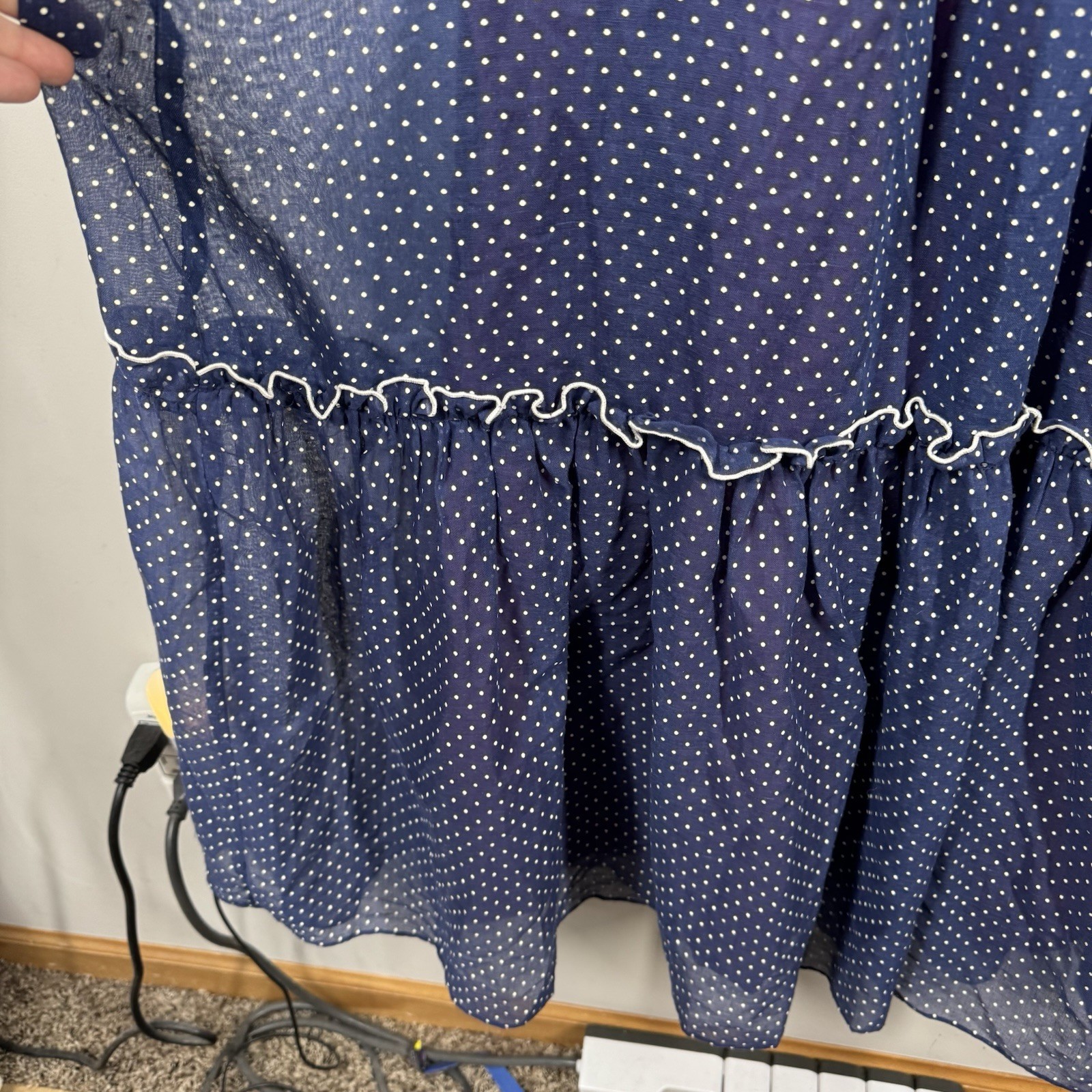 Vtg Ruffle Maxi Dress Sheet Blue Polka Dot Over Lining JC Penny Women Sz 11/12