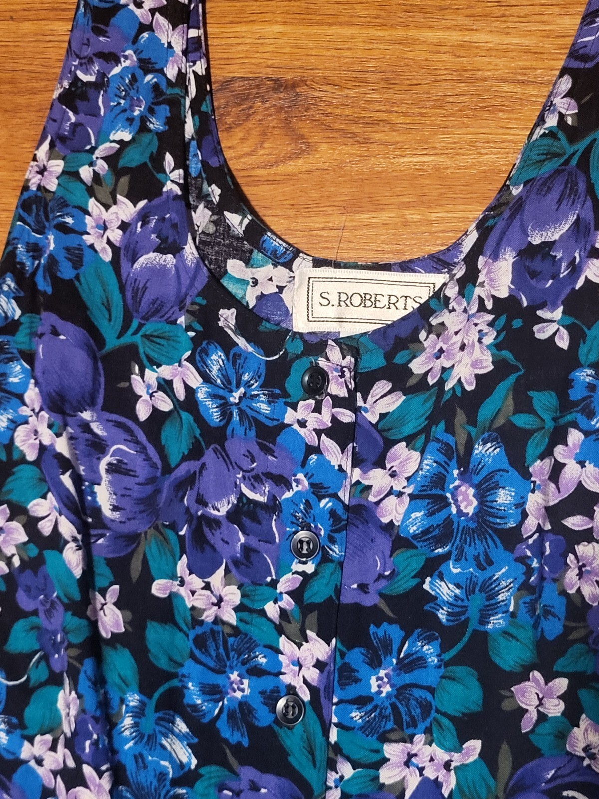 Vintage S Roberts Size 11 Dress Purple Green Blue Floral Button Front Sleeveless