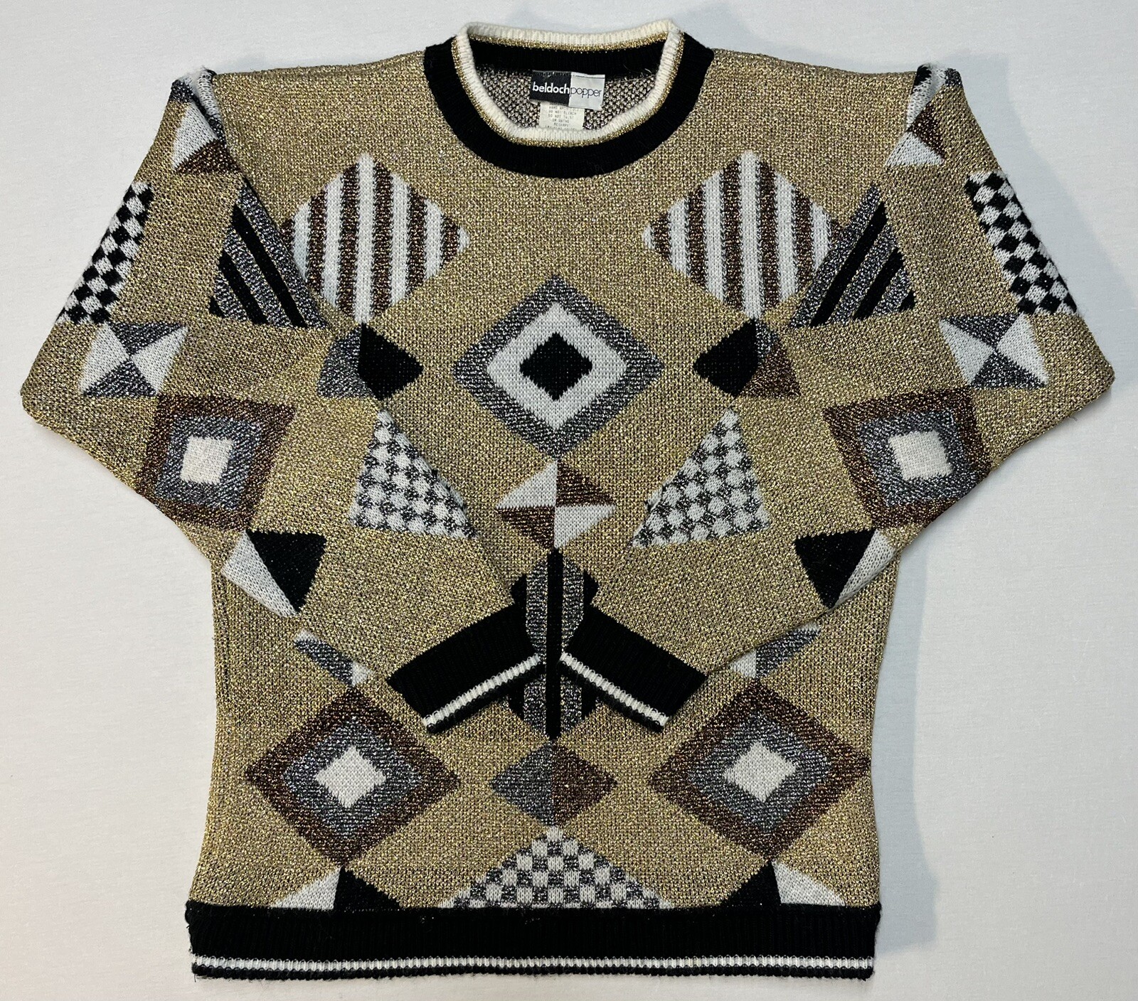 Vintage 80’s Beldoch Popper Sweater Gold Geometric Made USA Sz S Chest 38” EUC