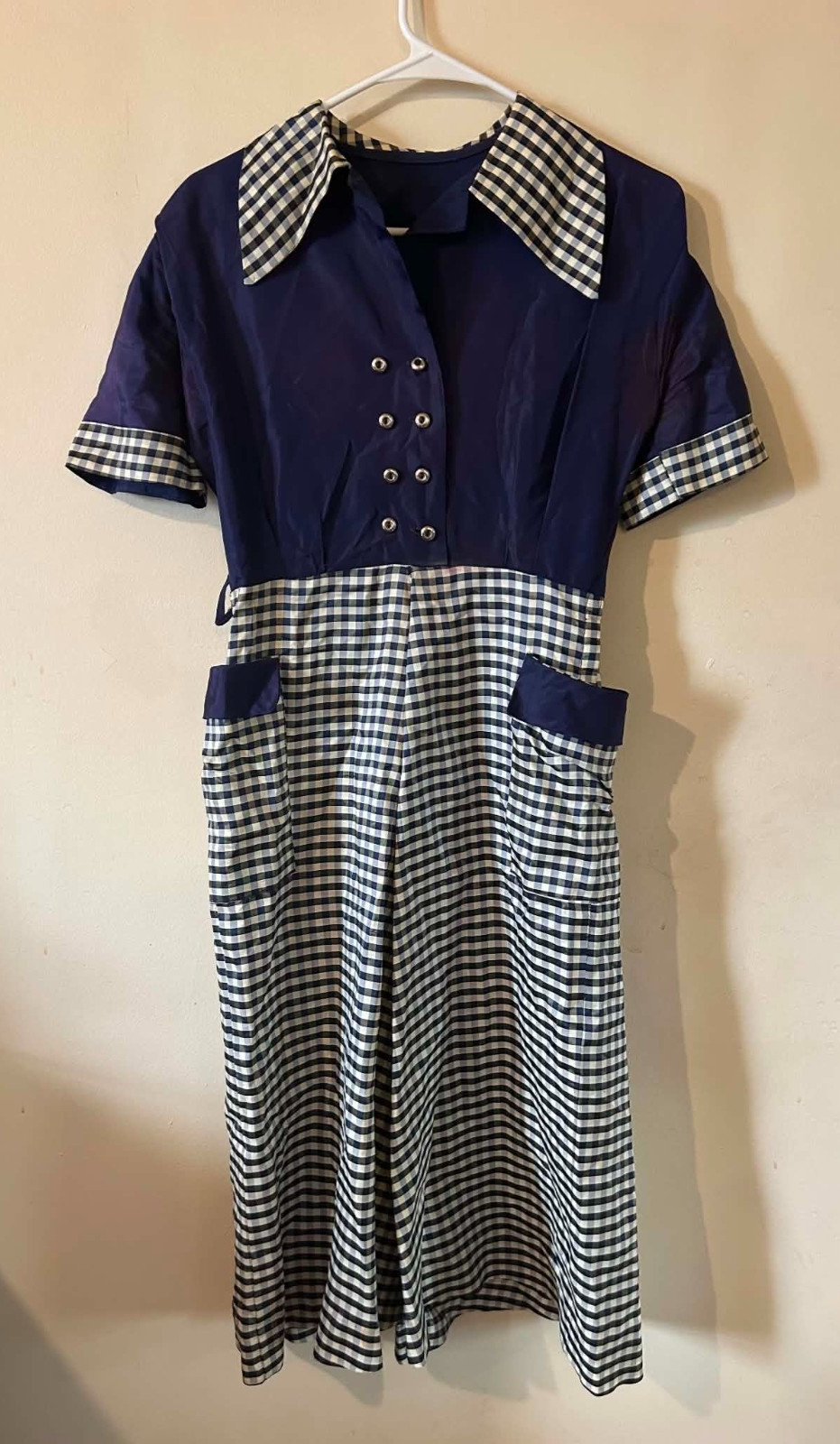 VTG 1950s Pin Up Rockabilly Handmade Navy Blue Gingham Satin Metal Buttons Small