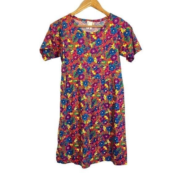Vintage 90s Hanna Andersson Pink Floral Dress S Retro Colorful Artsy
