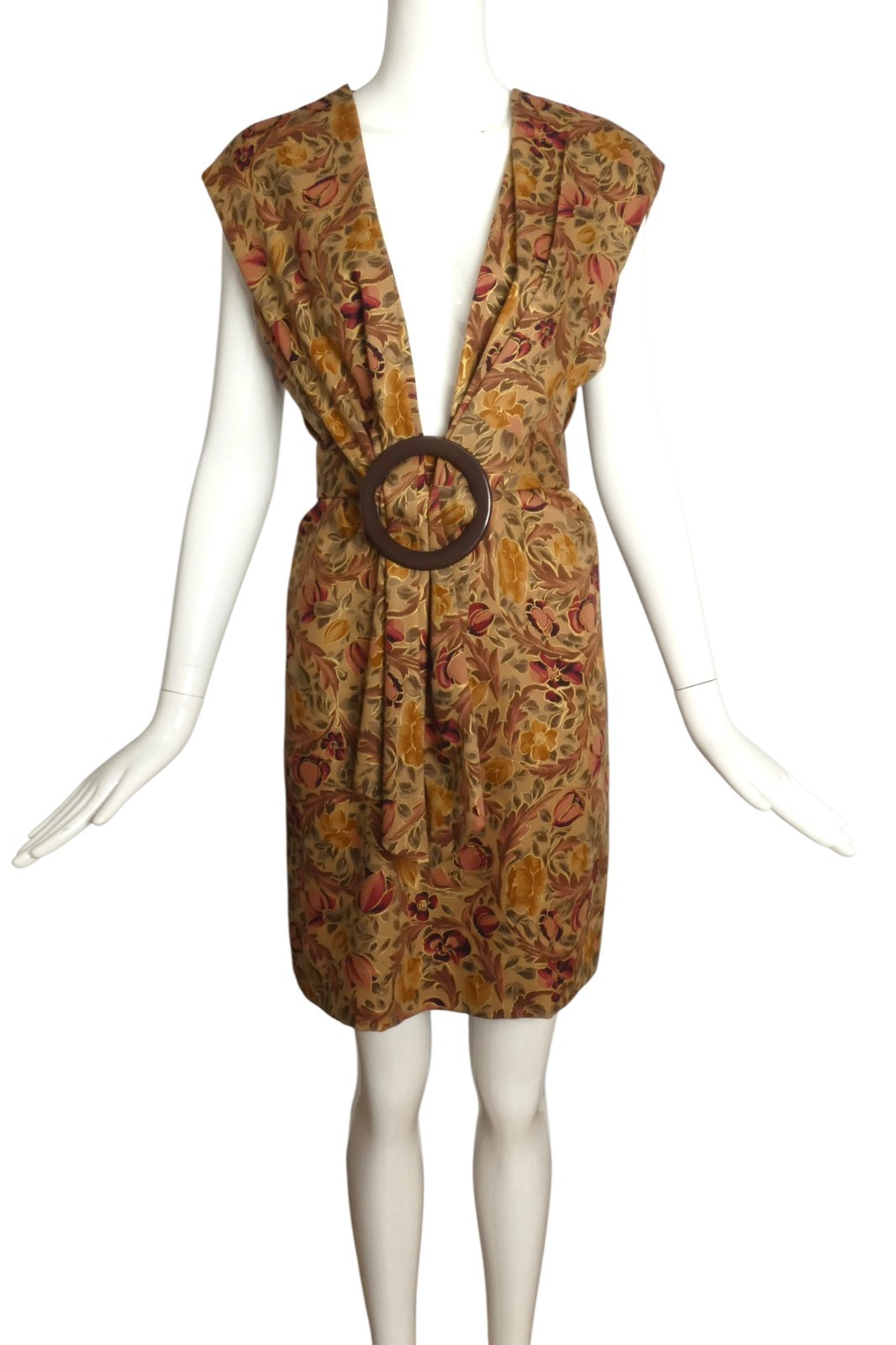 PIERRE CARDIN HAUTE COUTURE- 1990 Brown Floral Wool Dress, Size 8