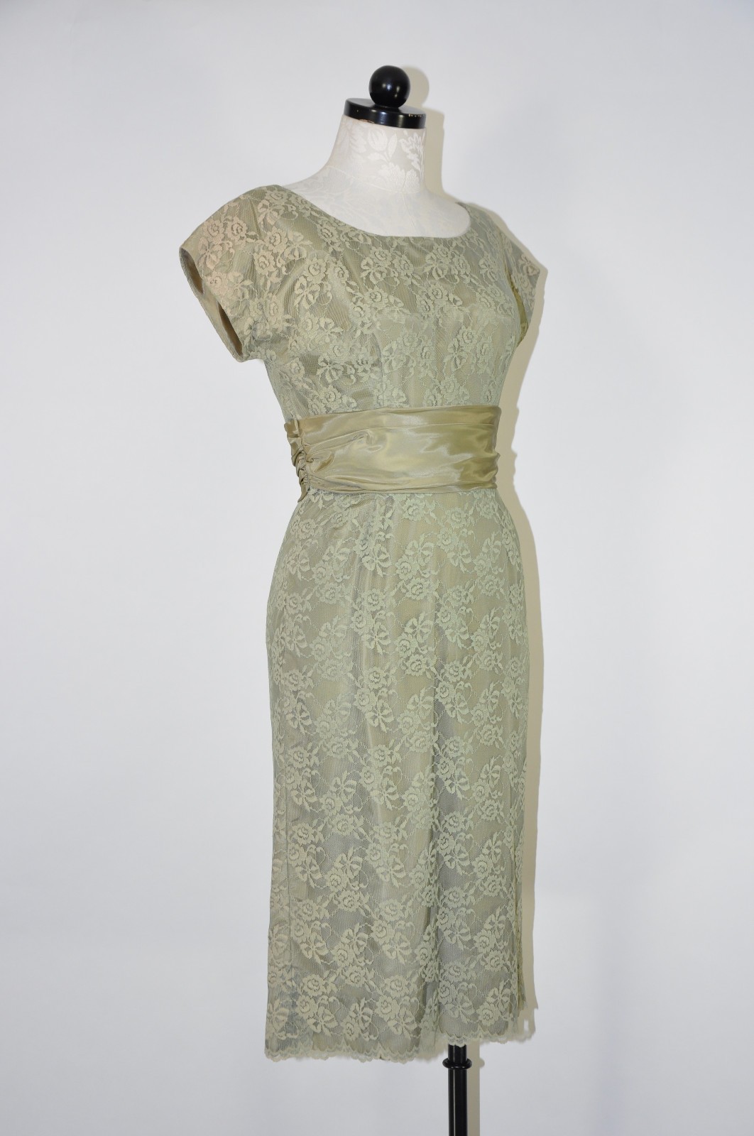 60s Vintage Sage Green Floral Lace Midi Sheath Wiggle Cocktail Dress Women XS S
