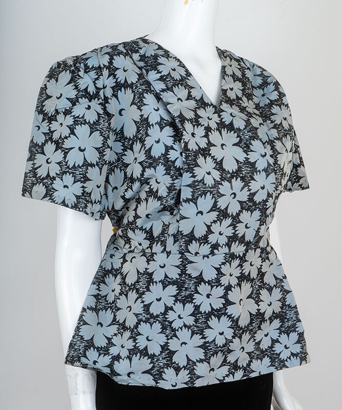 Vintage 1950s Flocked Satin Taffeta Tailored Blouse B 42″-44″ W 34″