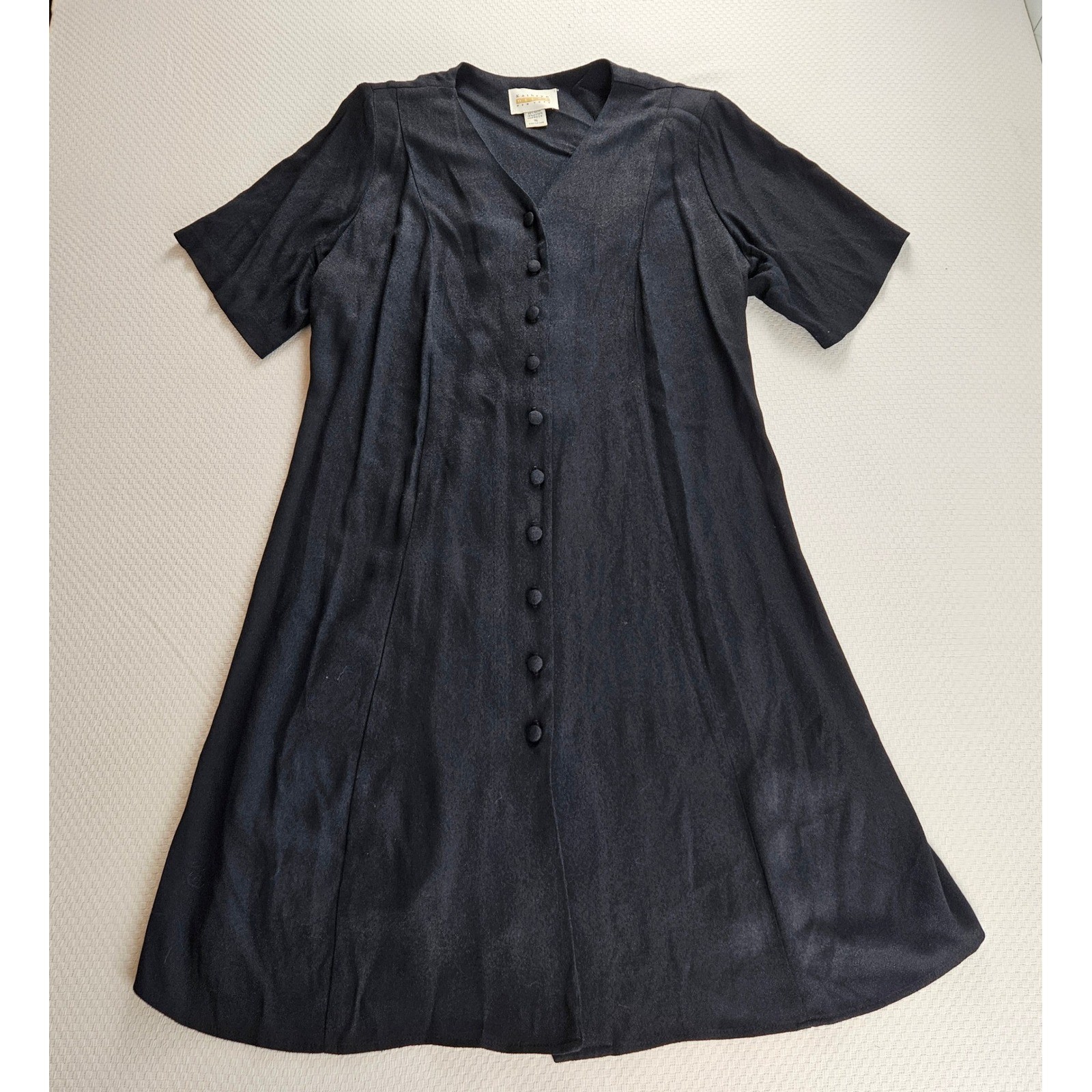 Vintage 90s Black Button Front Lace Up Back Midi Dress Short Sleeve Minimalism L